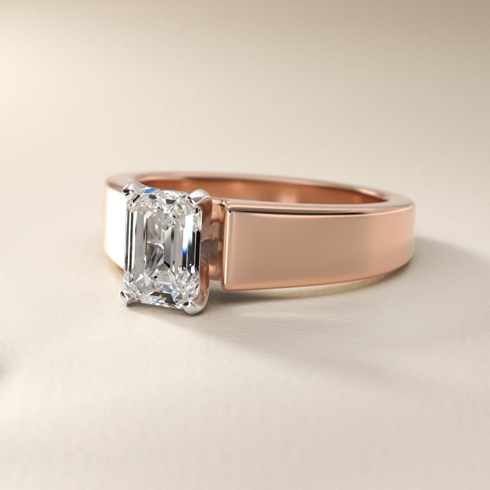 Wide Band Solitaire Engagement Ring in 14k Rose Gold (5mm) - Emerald Center
