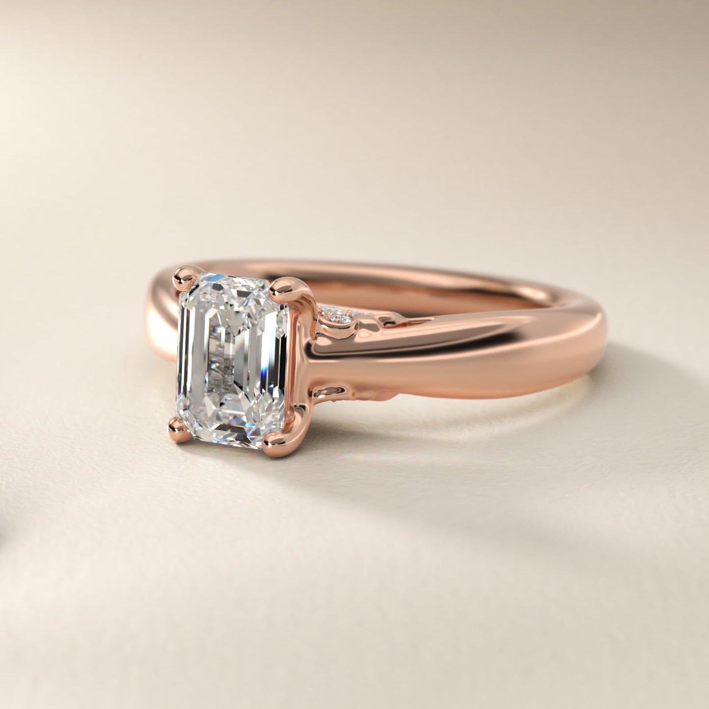 Wide Band Solitaire Plus Diamond Engagement Ring in 18k Rose Gold - Emerald Center