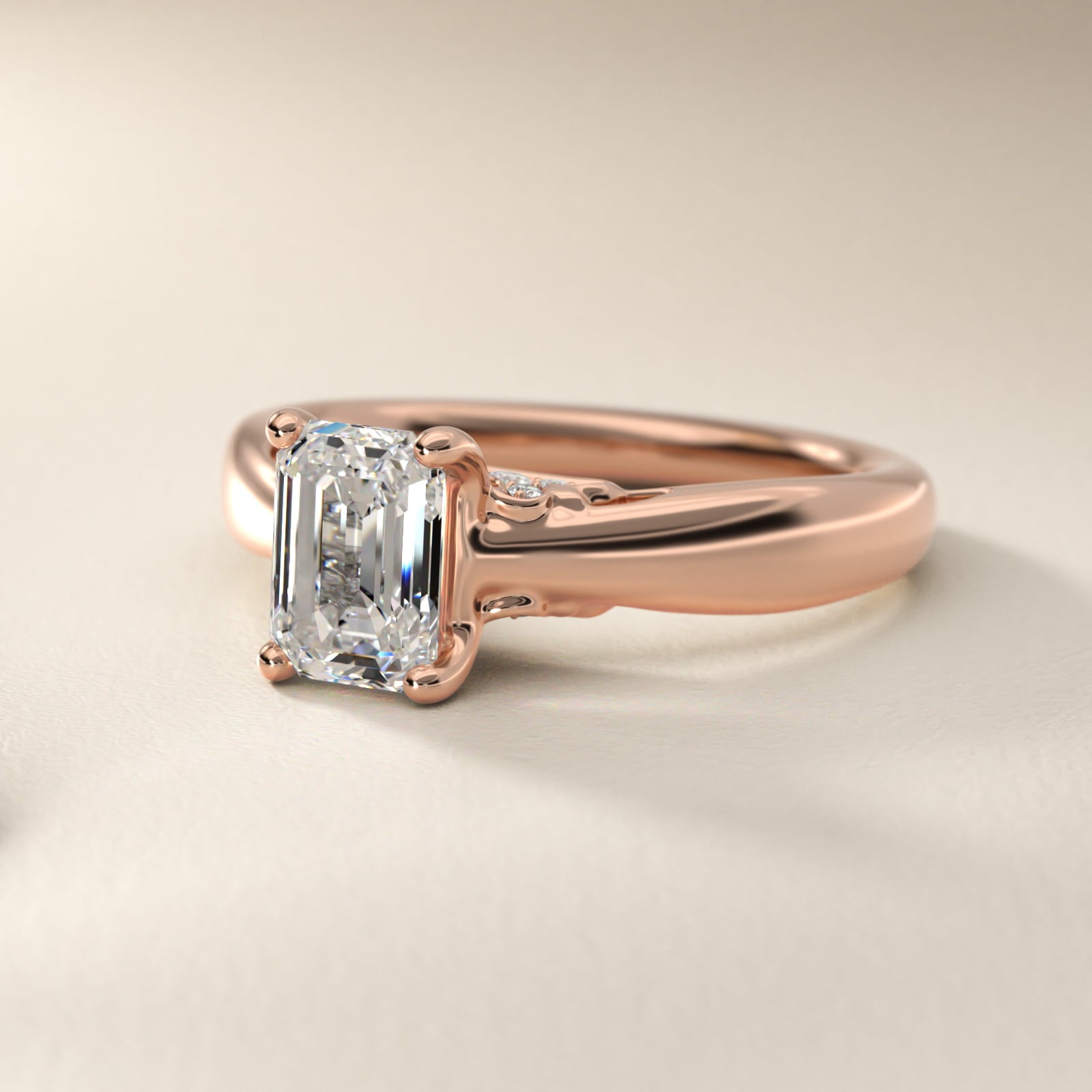 Wide Band Solitaire Plus Diamond Engagement Ring in 18k Rose Gold - Emerald Center
