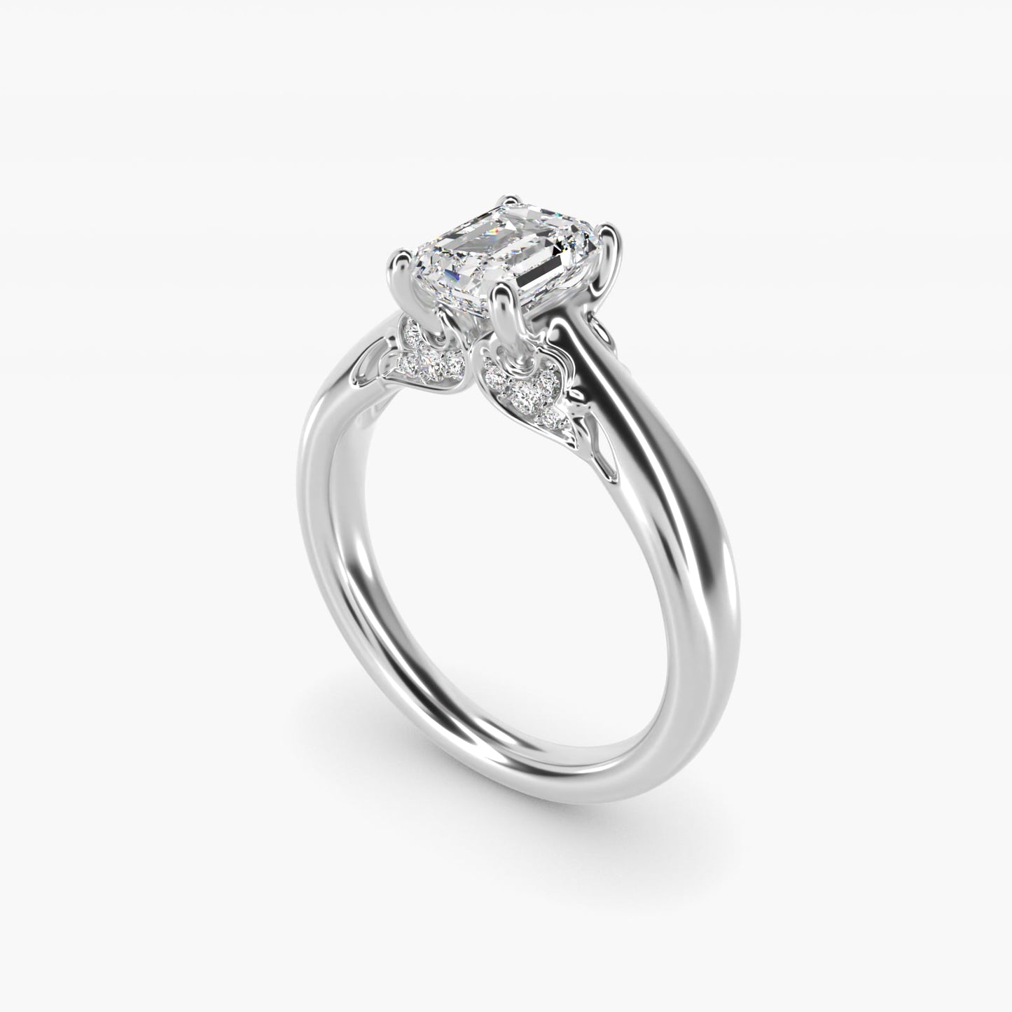 Wide Band Solitaire Plus Diamond Engagement Ring in 14k White Gold - Emerald Center