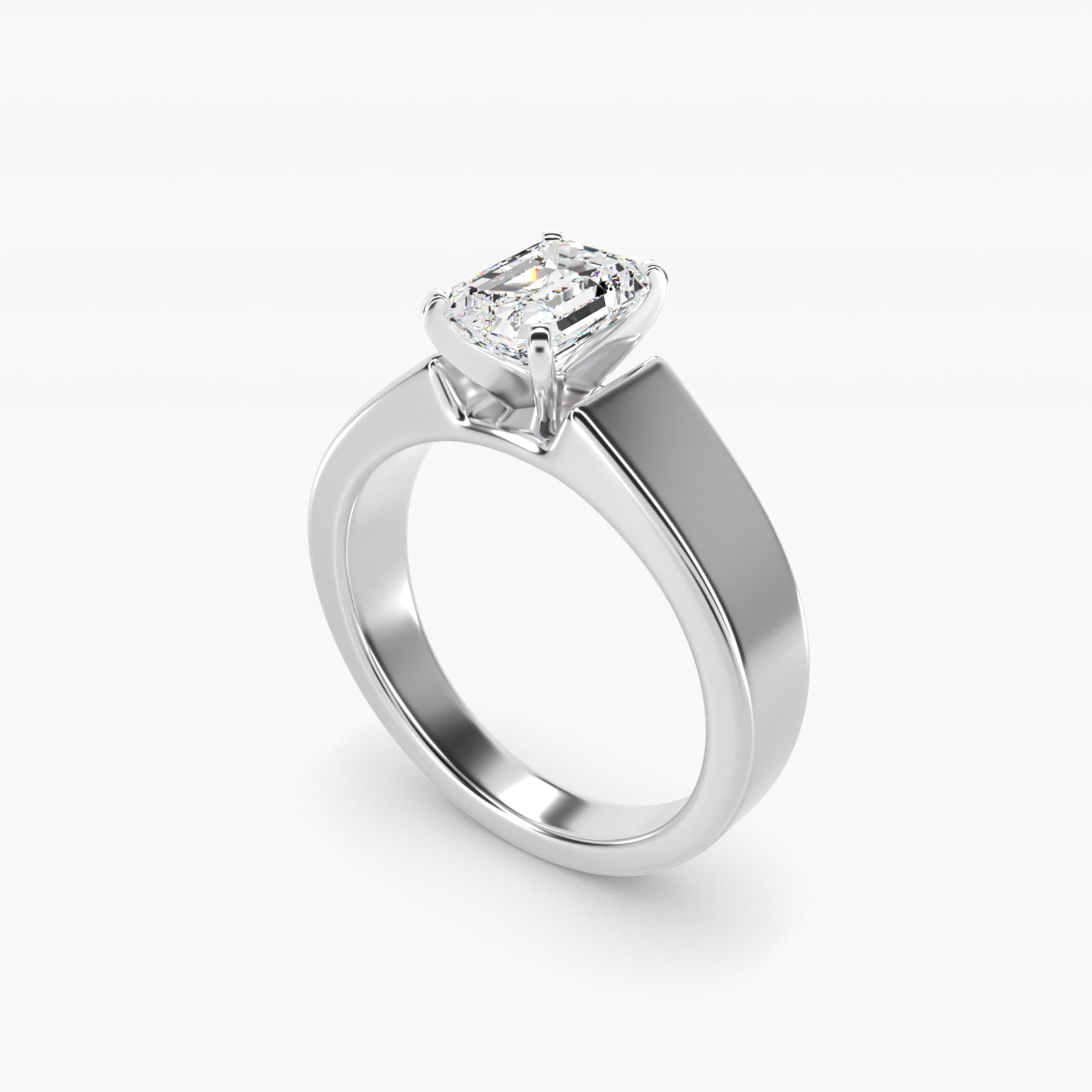 Wide Band Solitaire Engagement Ring in 14k White Gold (5mm) - Emerald Center