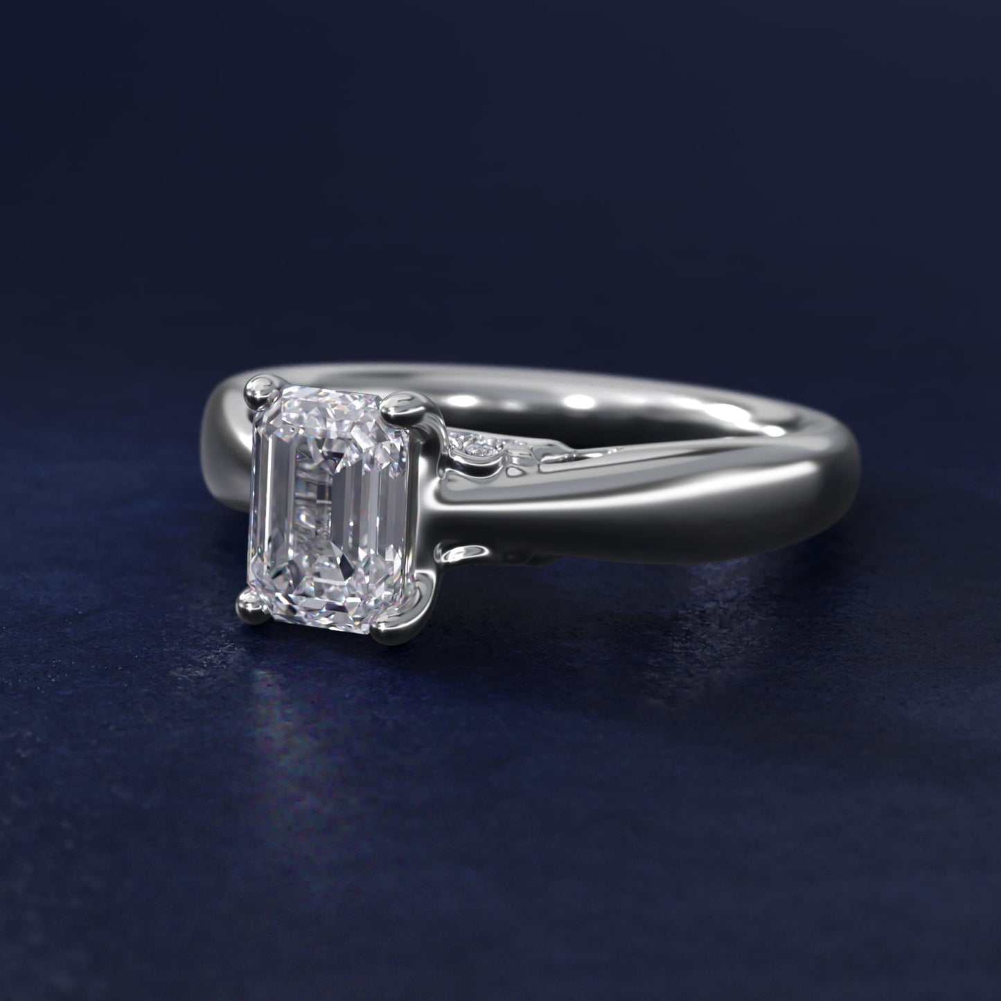 Wide Band Solitaire Plus Diamond Engagement Ring in 14k White Gold - Emerald Center