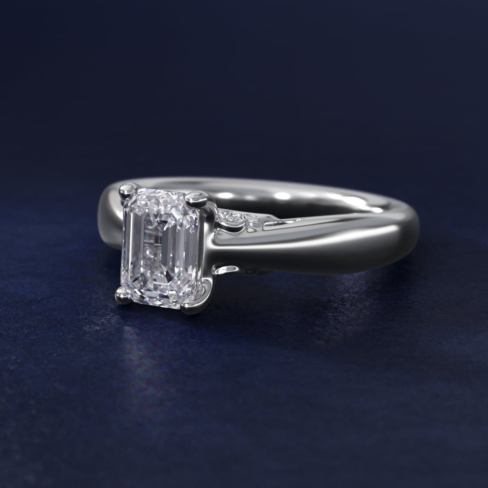 Wide Band Solitaire Plus Diamond Engagement Ring in 14k White Gold - Emerald Center