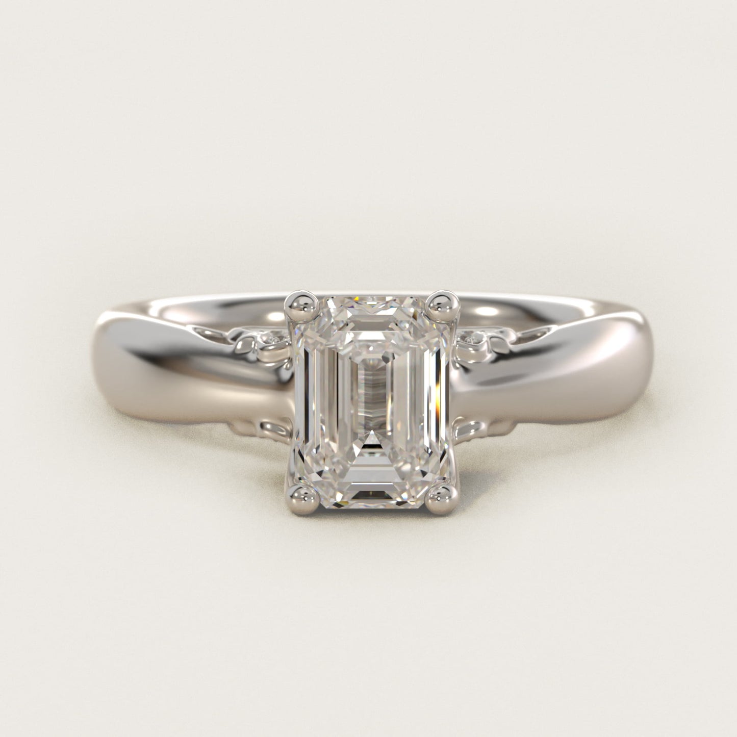 Wide Band Solitaire Plus Diamond Engagement Ring in 14k White Gold - Emerald Center