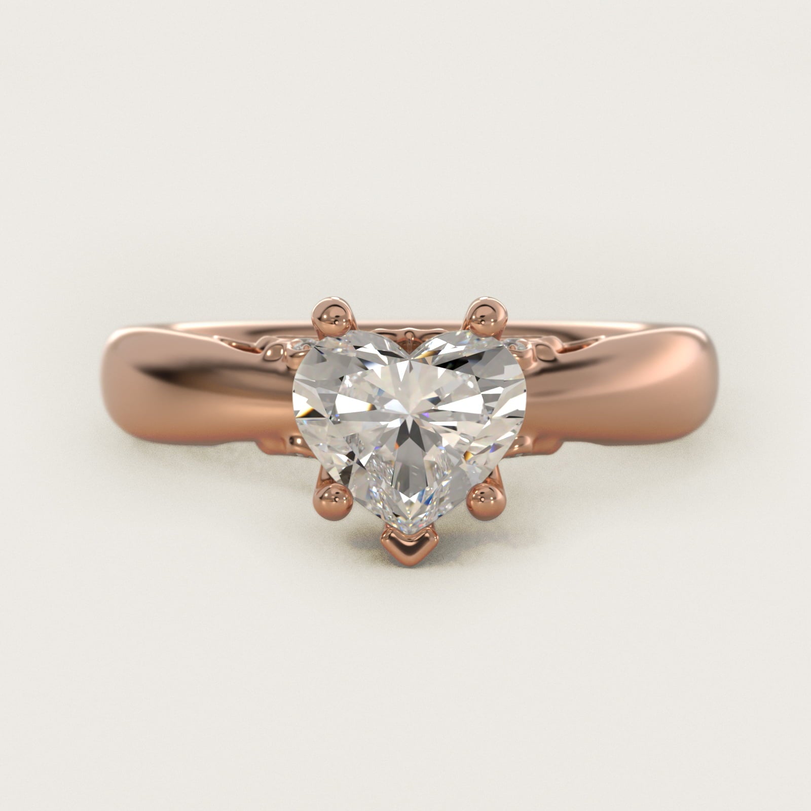 Wide Band Solitaire Plus Diamond Engagement Ring in 14k Rose Gold - Heart Center