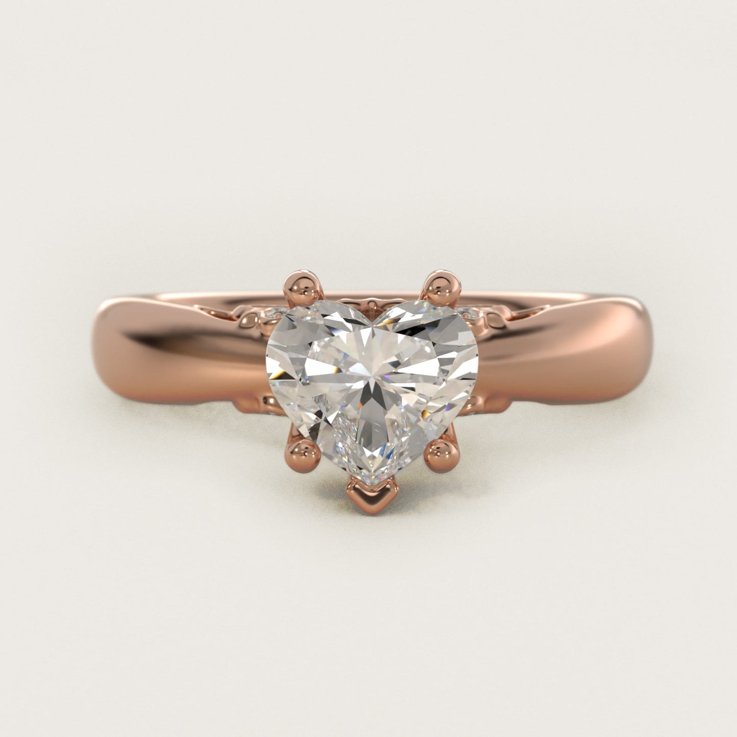 Wide Band Solitaire Plus Diamond Engagement Ring in 18k Rose Gold - Heart Center