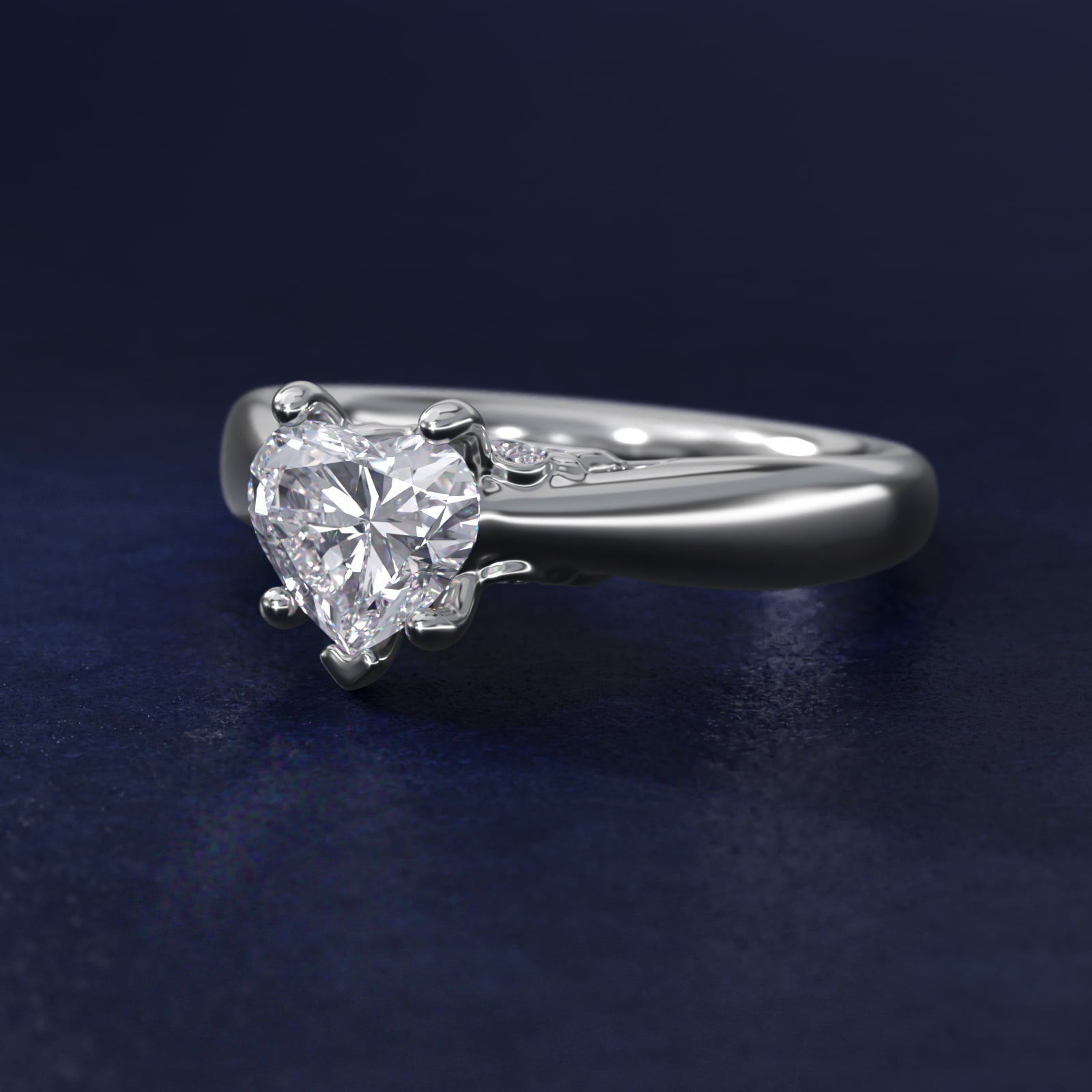 Wide Band Solitaire Plus Diamond Engagement Ring in 18k White Gold - Heart Center