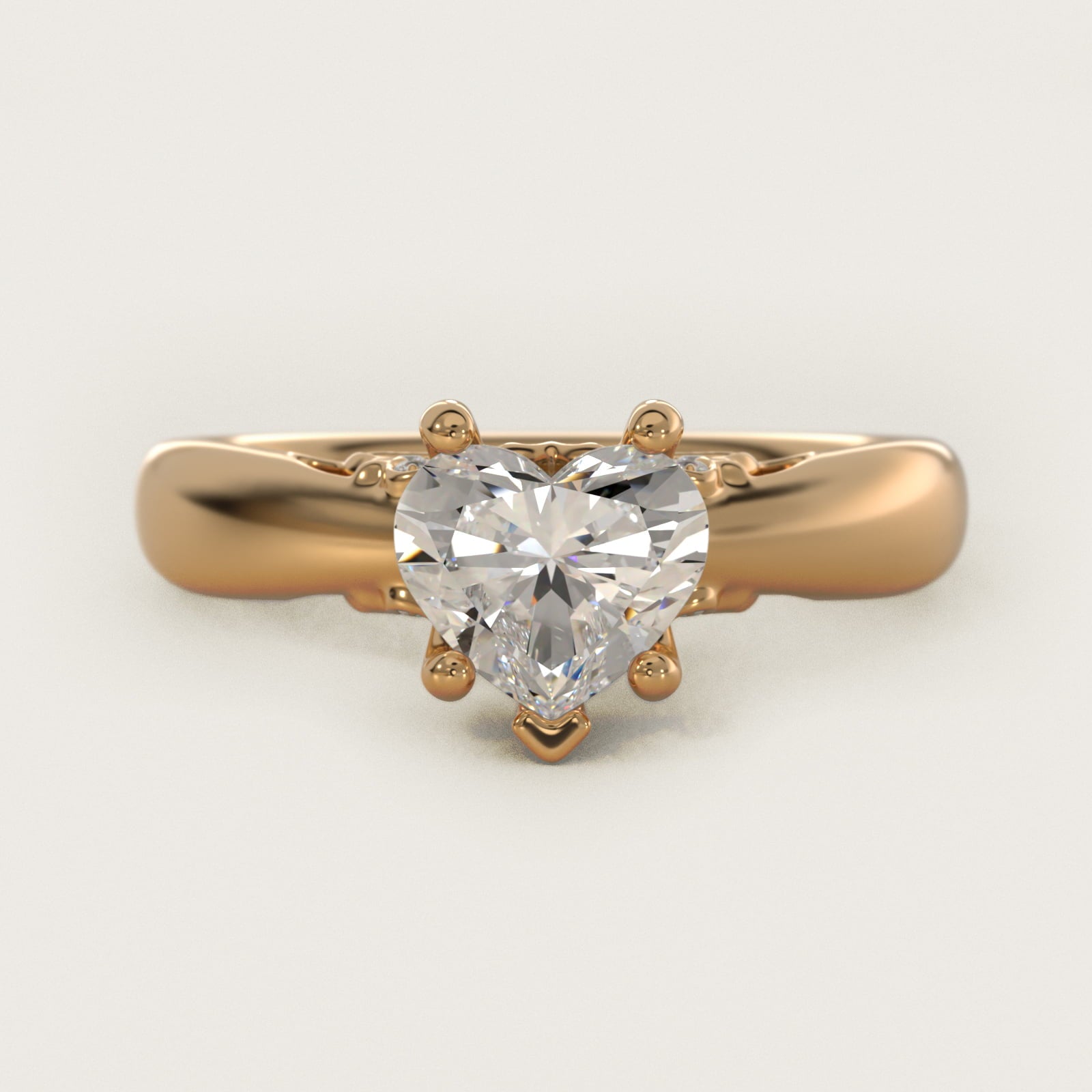 Wide Band Solitaire Plus Diamond Engagement Ring in 18k Yellow Gold - Heart Center