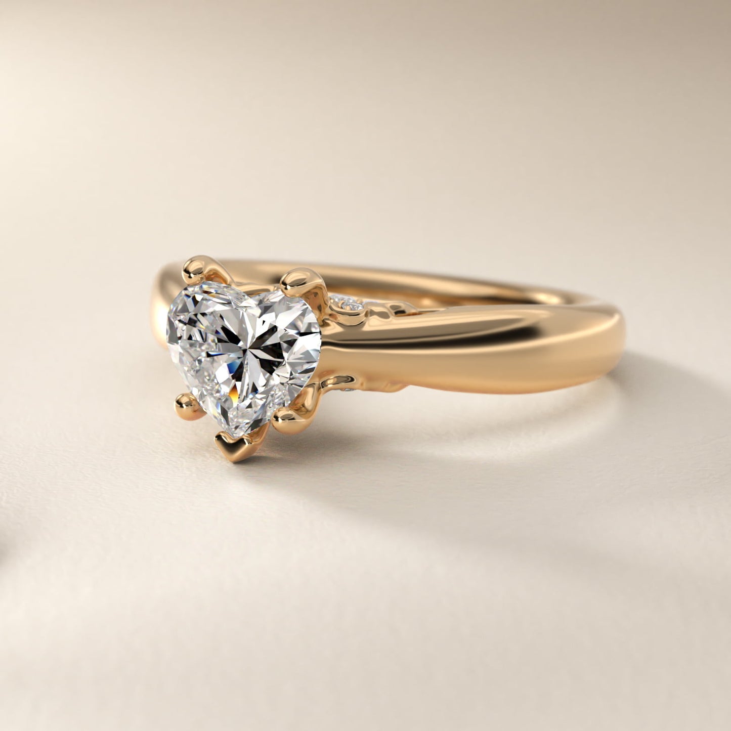 Wide Band Solitaire Plus Diamond Engagement Ring in 18k Yellow Gold - Heart Center