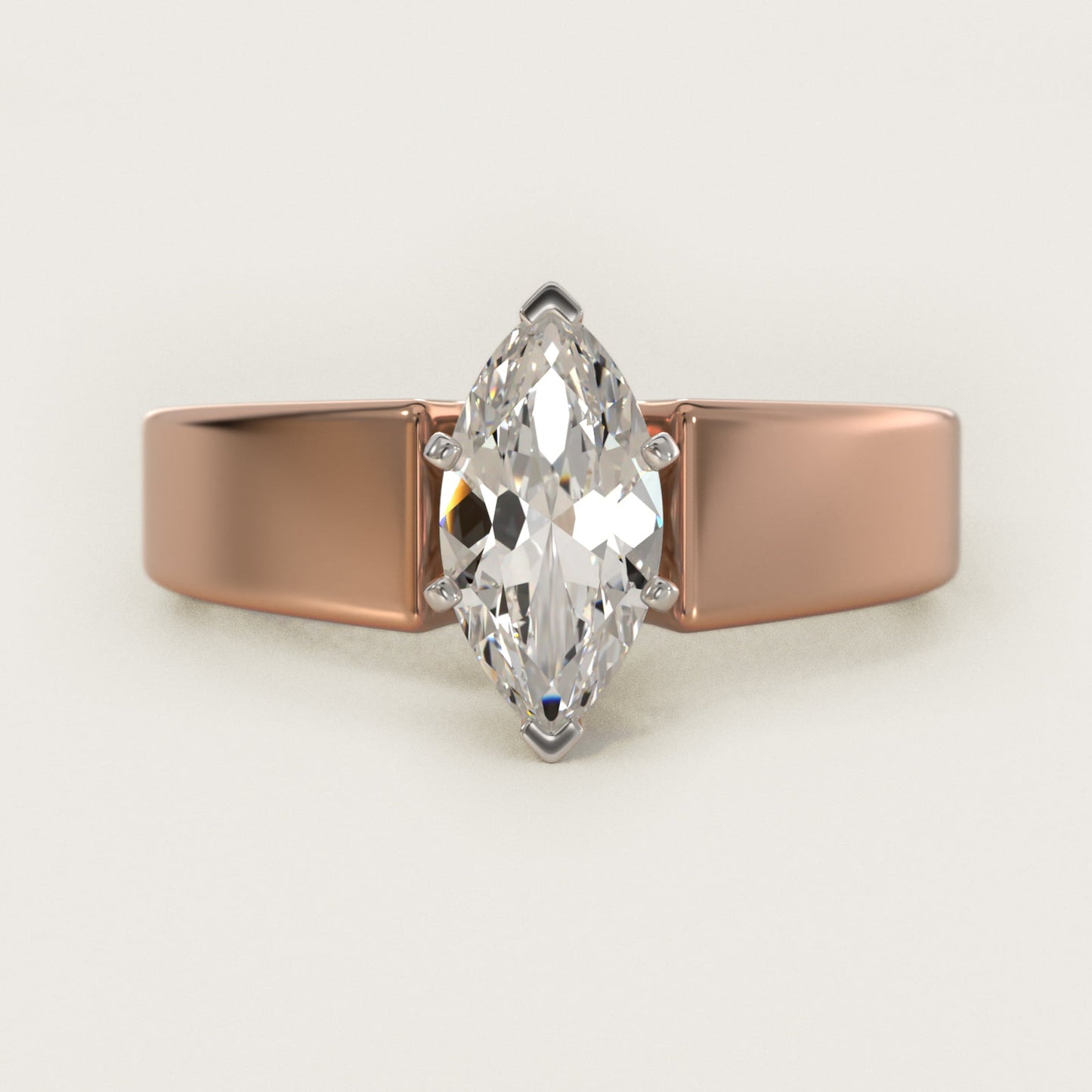 Wide Band Solitaire Engagement Ring in 14k Rose Gold (5mm) - Marquise Center