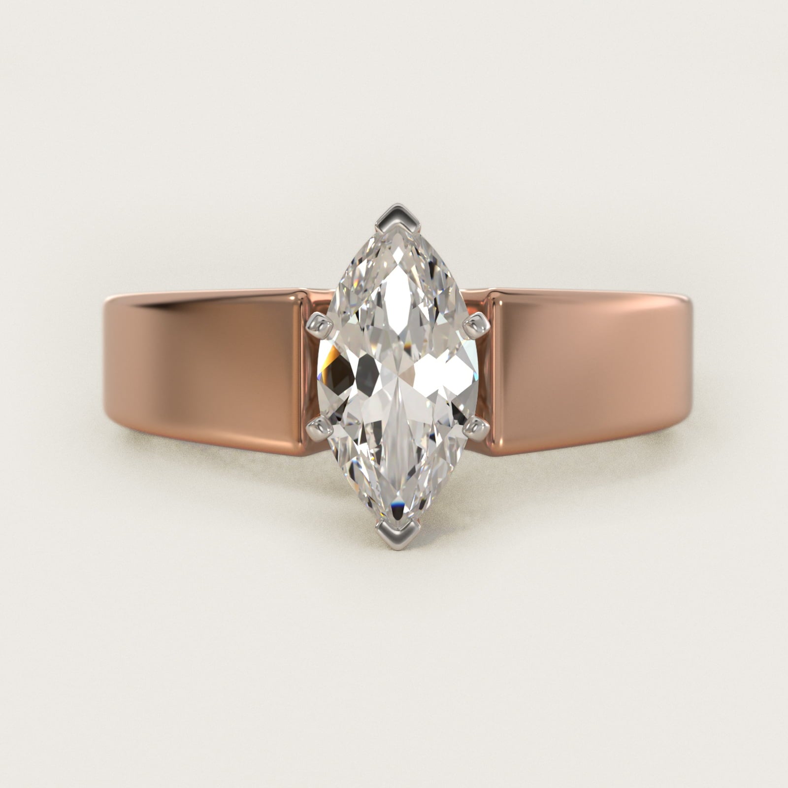 Wide Band Solitaire Engagement Ring in 14k Rose Gold (5mm) - Marquise Center