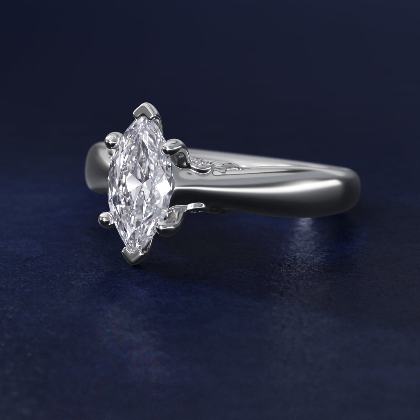 Wide Band Solitaire Plus Diamond Engagement Ring in 18k White Gold - Marquise Center