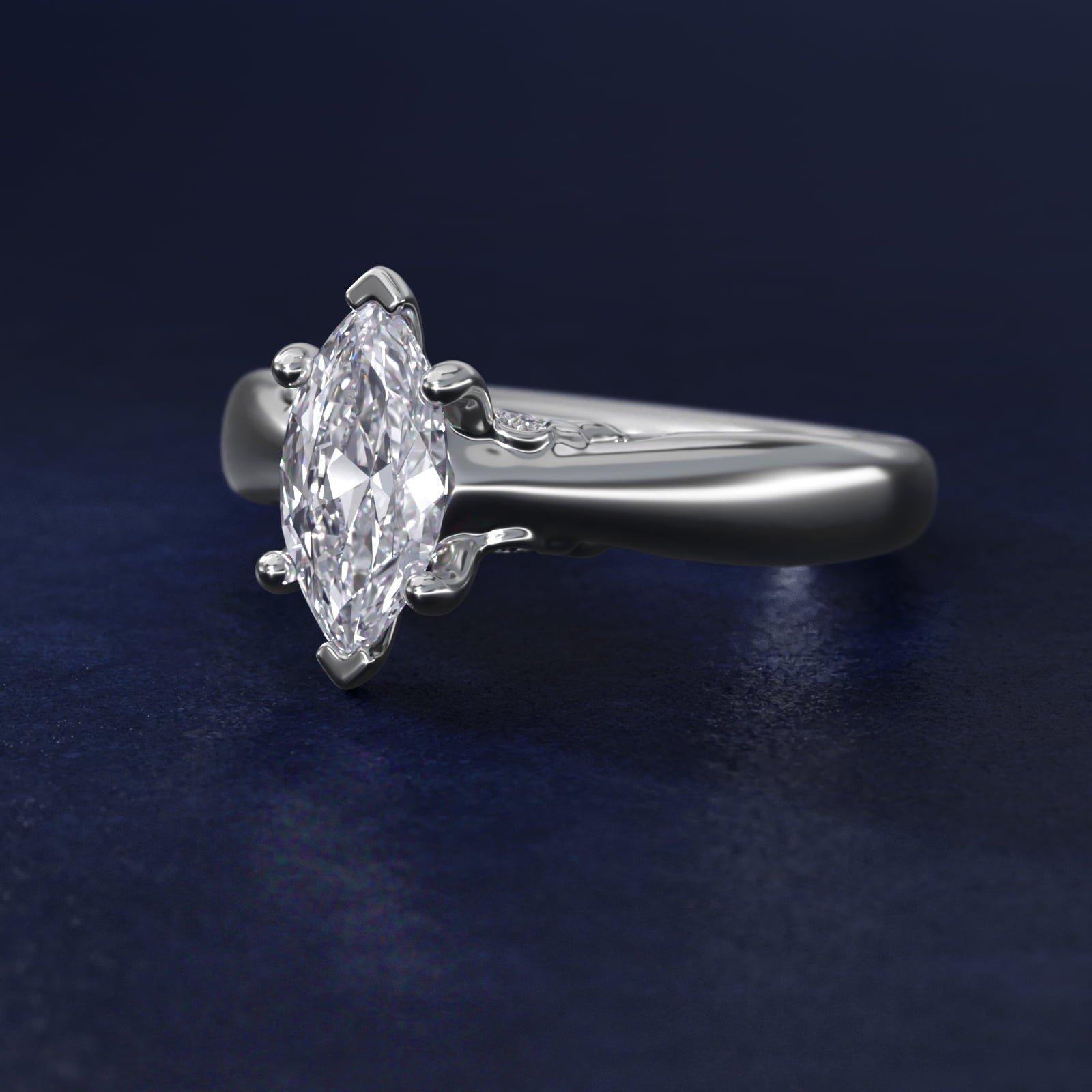 Wide Band Solitaire Plus Diamond Engagement Ring in 18k White Gold - Marquise Center