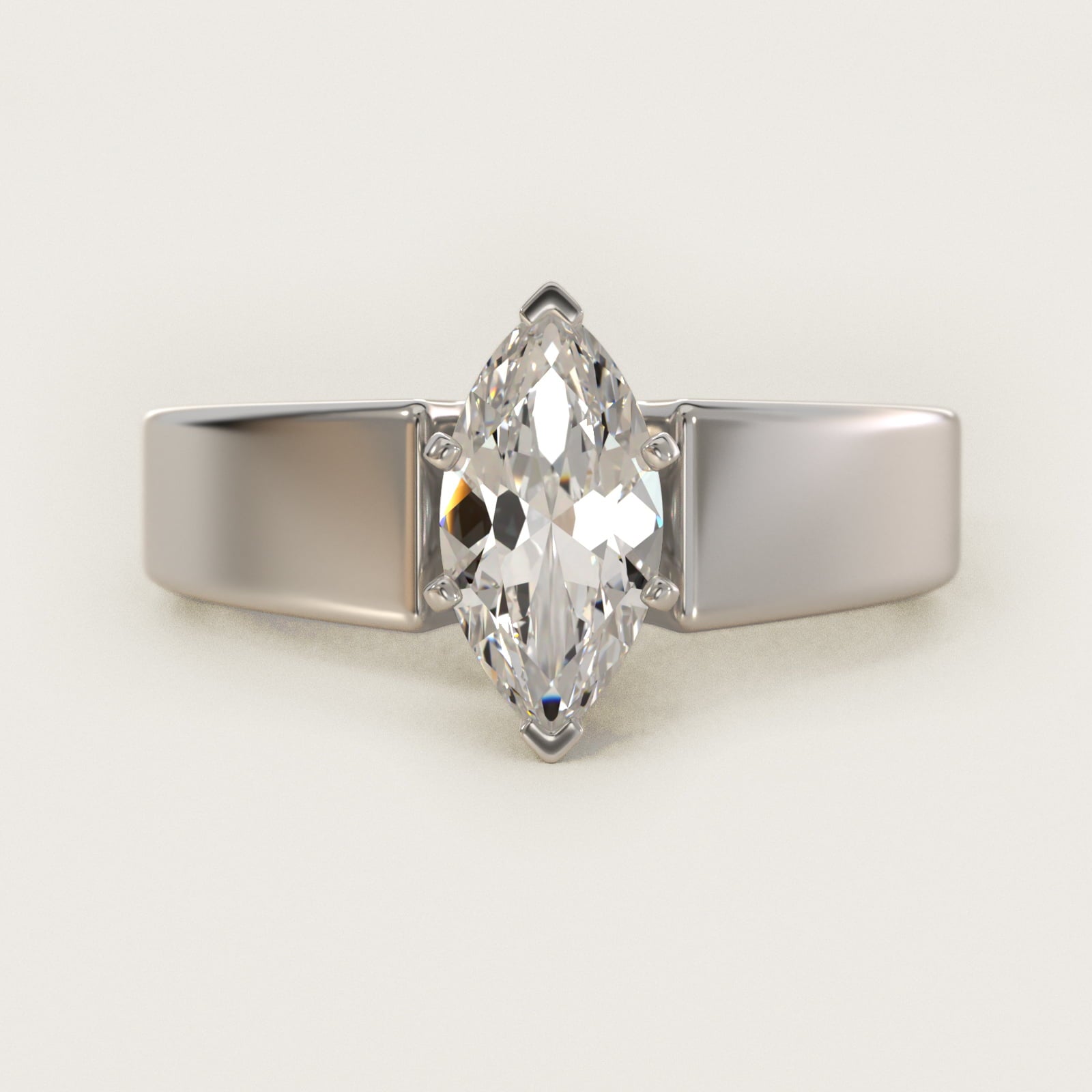 Wide Band Solitaire Engagement Ring in 14k White Gold (5mm) - Marquise Center