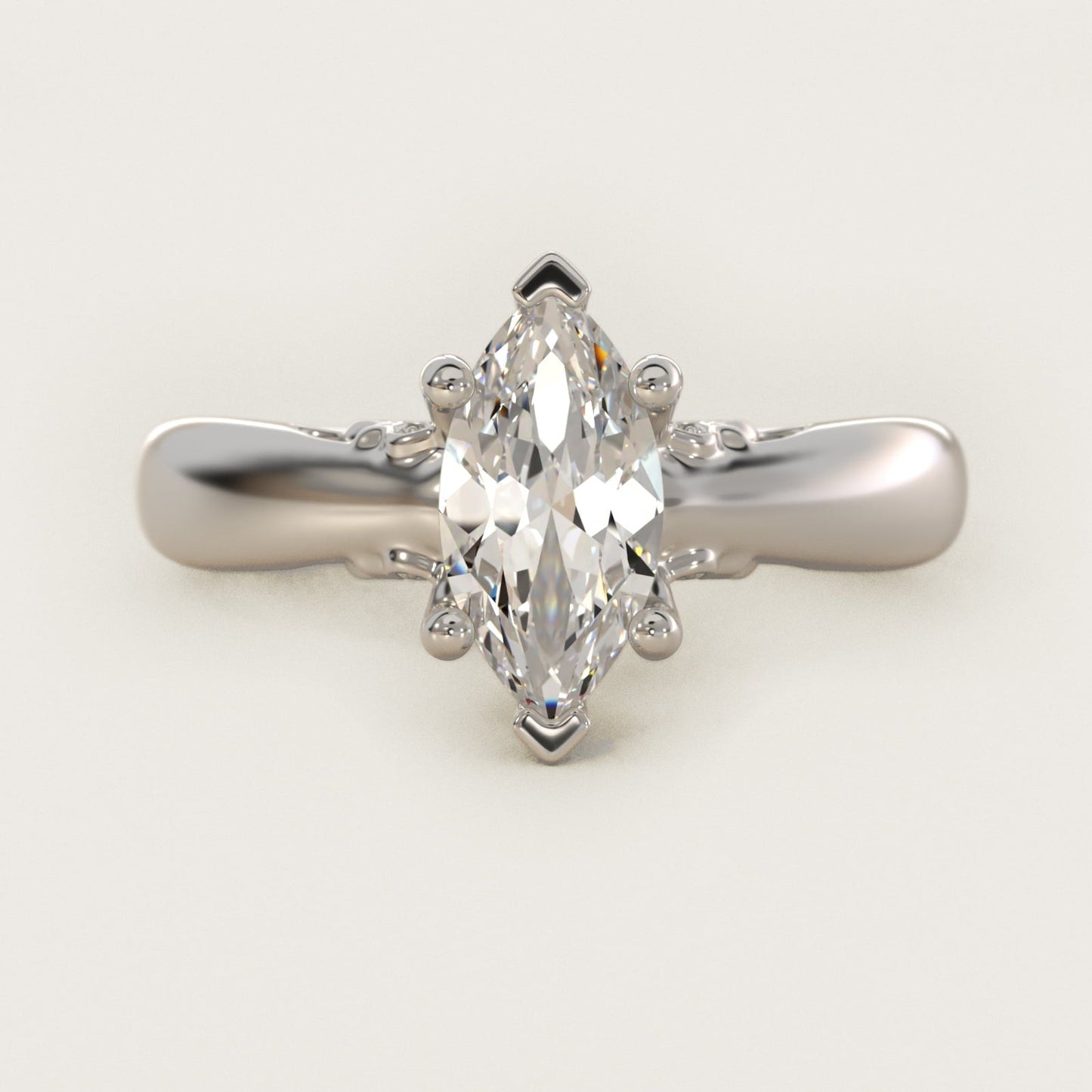 Wide Band Solitaire Engagement Ring in 18k White Gold (5mm) - Marquise Center