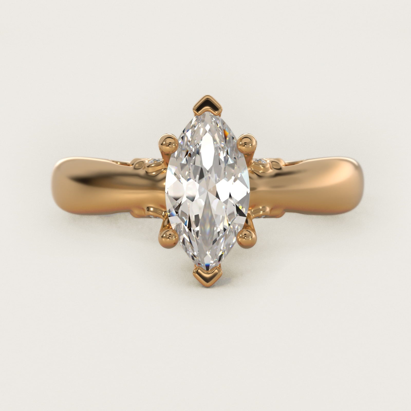 Wide Band Solitaire Plus Diamond Engagement Ring in 14k Yellow Gold - Marquise Center