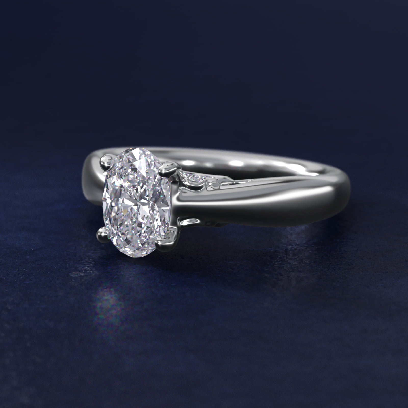 Wide Band Solitaire Plus Diamond Engagement Ring in 18k White Gold - Oval Center