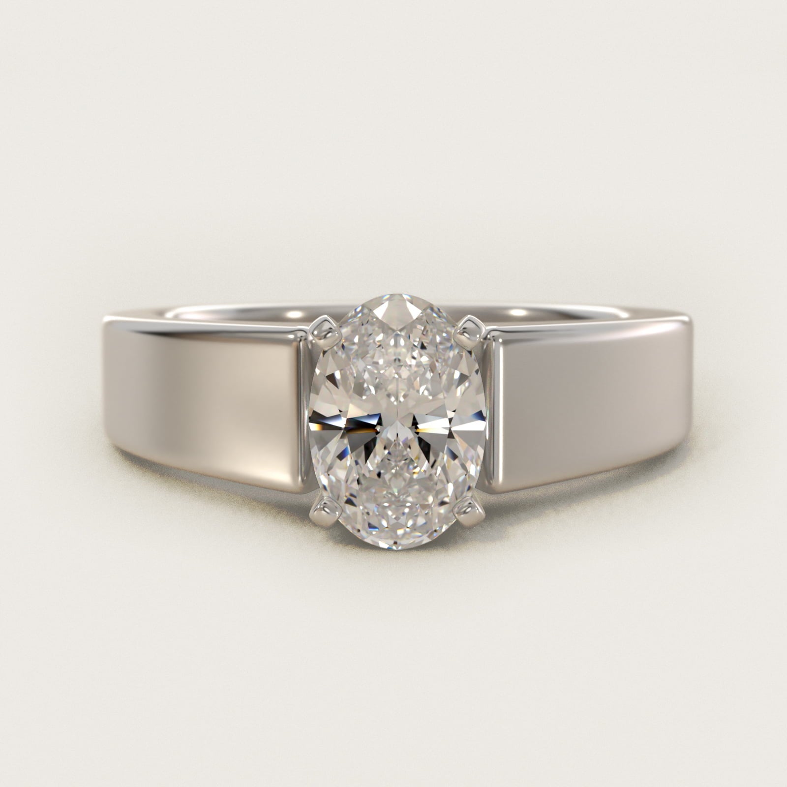 Wide Band Solitaire Engagement Ring in 14k White Gold (5mm) - Oval Center