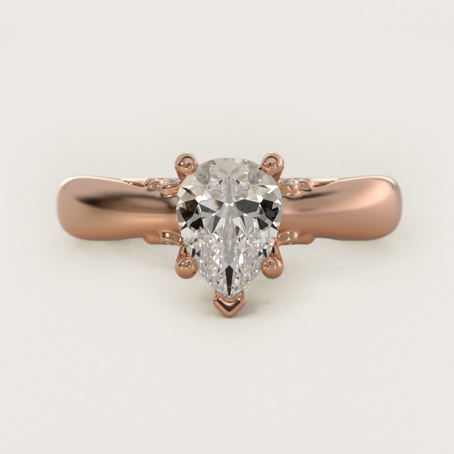 Wide Band Solitaire Plus Diamond Engagement Ring in 18k Rose Gold - Pear Center