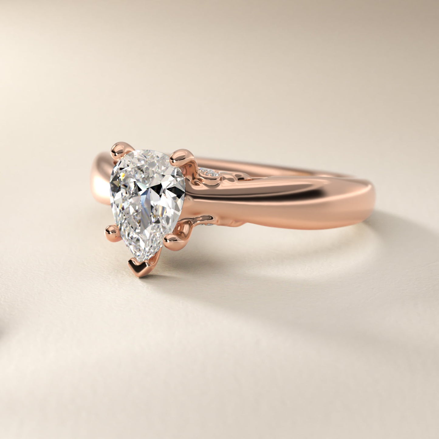 Wide Band Solitaire Plus Diamond Engagement Ring in 18k Rose Gold - Pear Center