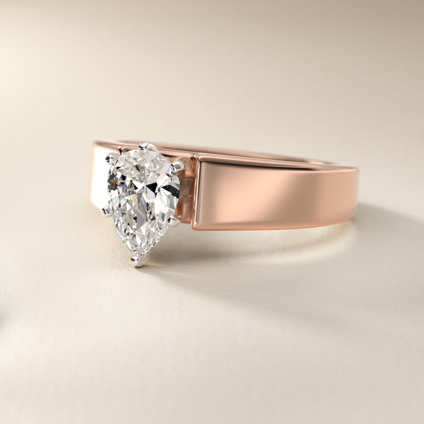 Wide Band Solitaire Engagement Ring in 14k Rose Gold (5mm) - Pear Center