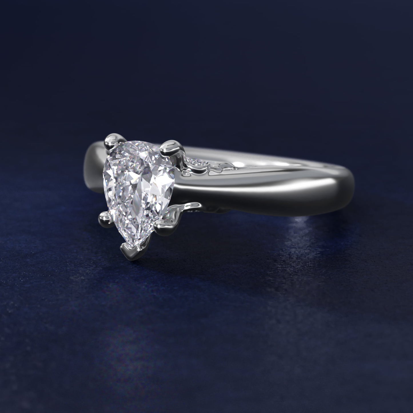 Wide Band Solitaire Plus Diamond Engagement Ring in 14k White Gold - Pear Center