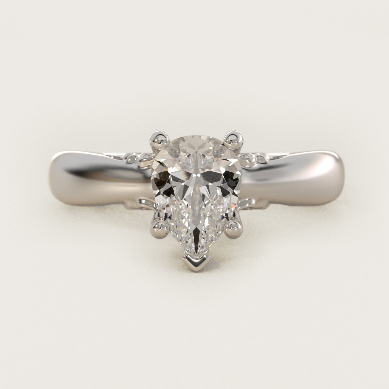 Wide Band Solitaire Plus Diamond Engagement Ring in 14k White Gold - Pear Center