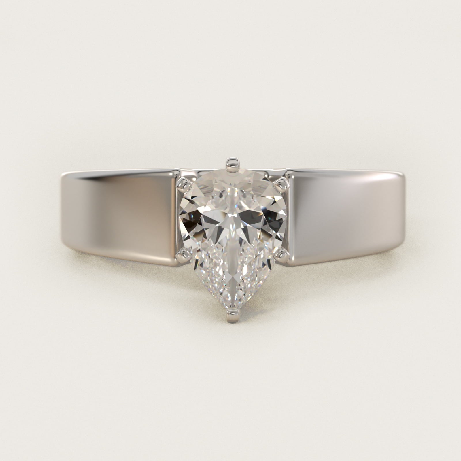 Wide Band Solitaire Engagement Ring in 14k White Gold (5mm) - Pear Center