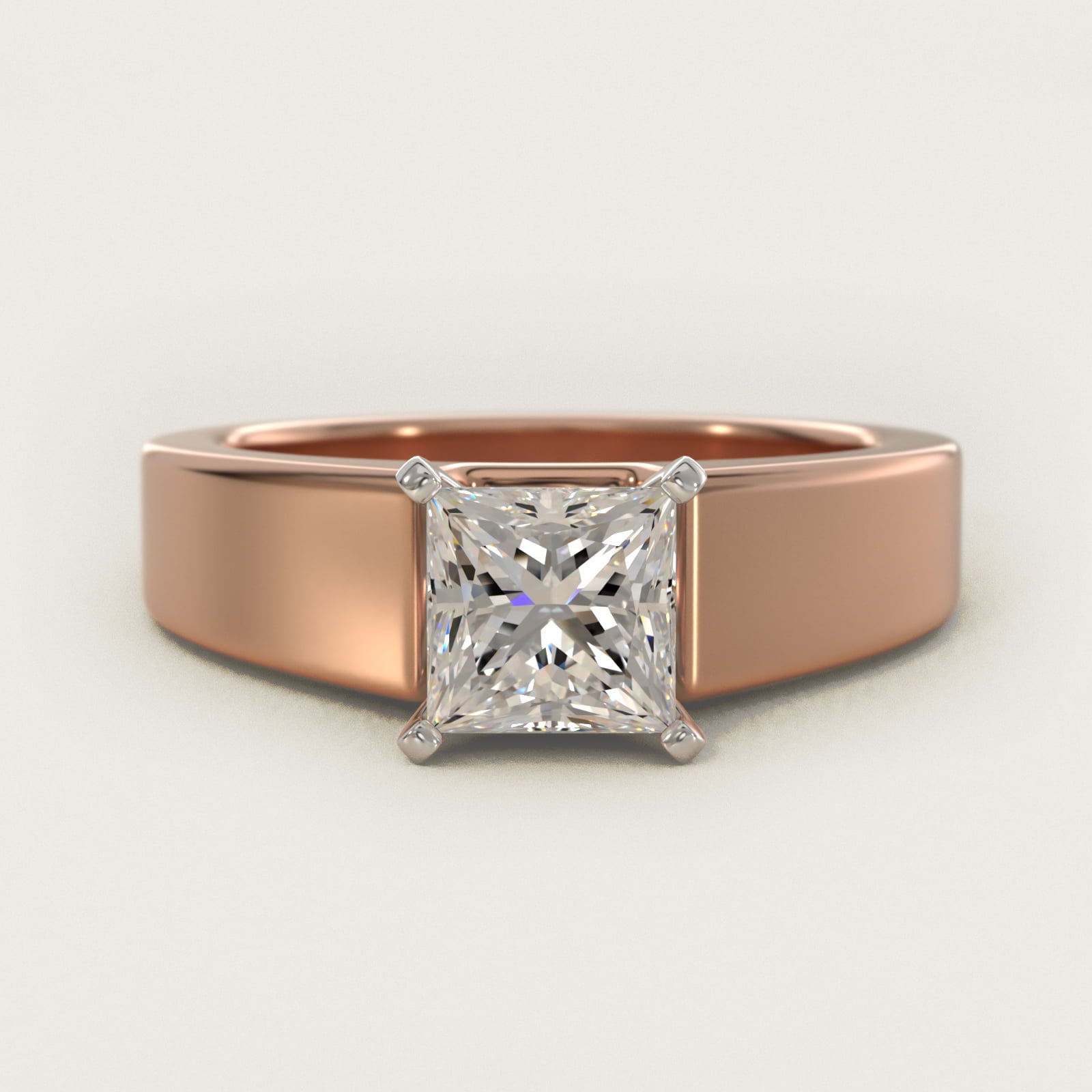 Wide Band Solitaire Engagement Ring in 14k Rose Gold (5mm) - Princess Center