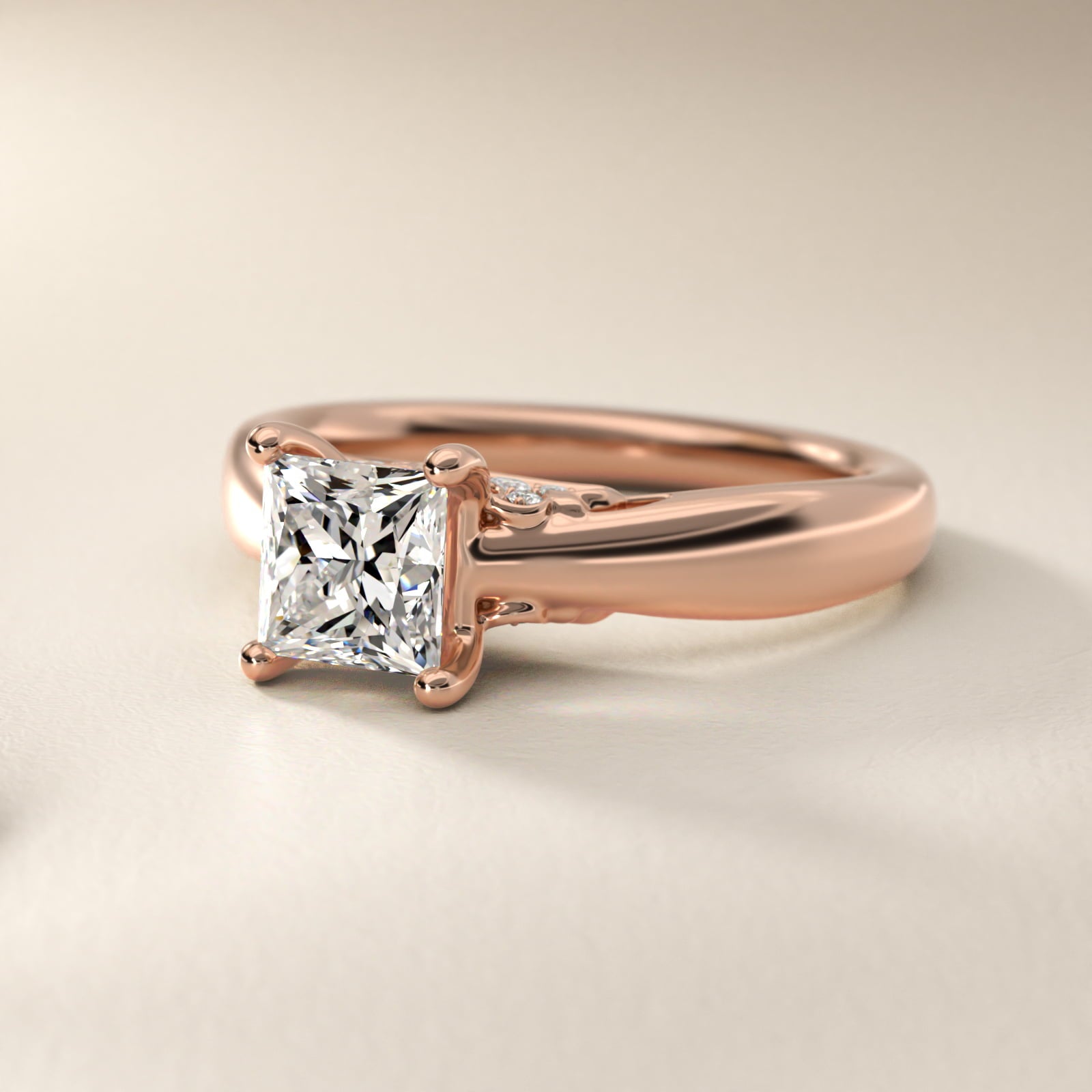Wide Band Solitaire Plus Diamond Engagement Ring in 18k Rose Gold - Princess Center