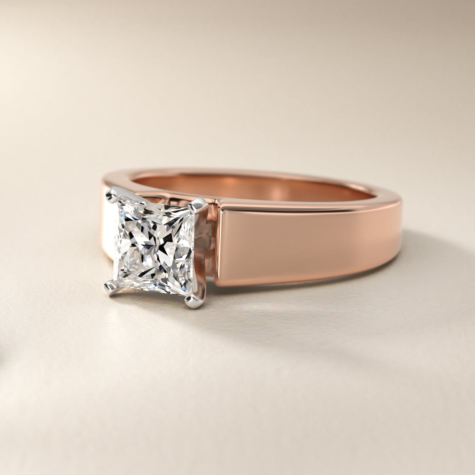 Wide Band Solitaire Engagement Ring in 14k Rose Gold (5mm) - Princess Center