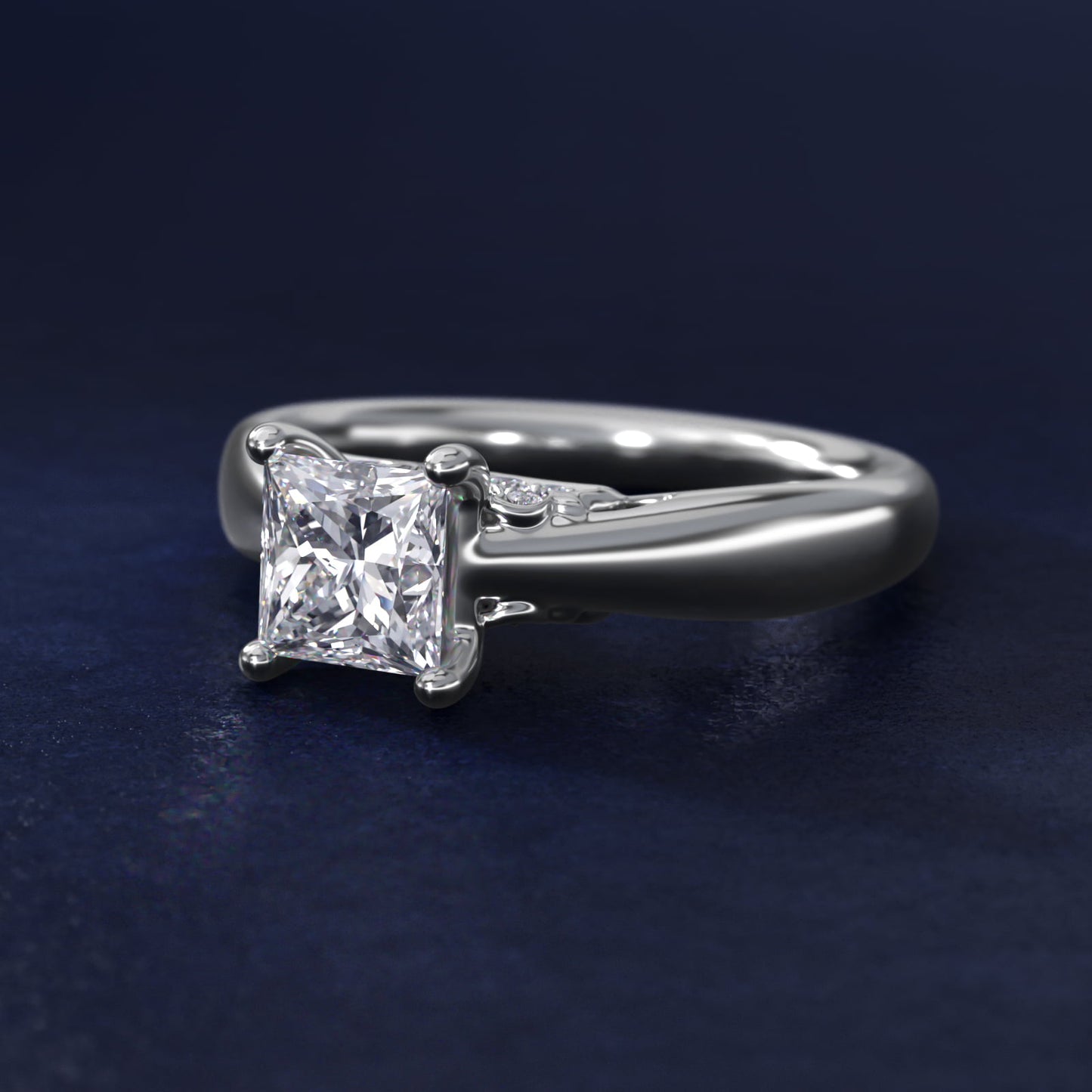 Wide Band Solitaire Plus Diamond Engagement Ring in 14k White Gold - Princess Center