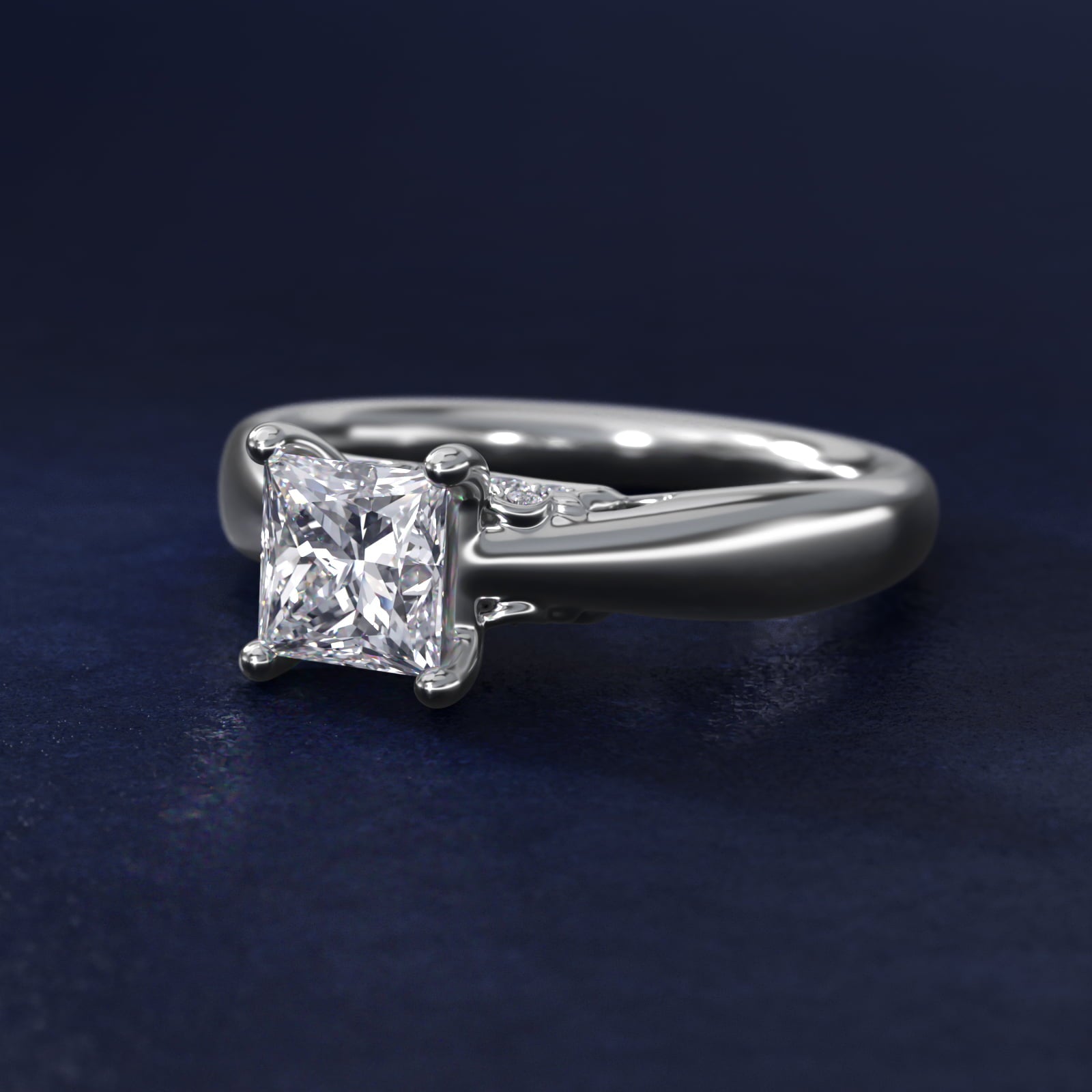 Wide Band Solitaire Plus Diamond Engagement Ring in 18k White Gold - Princess Center