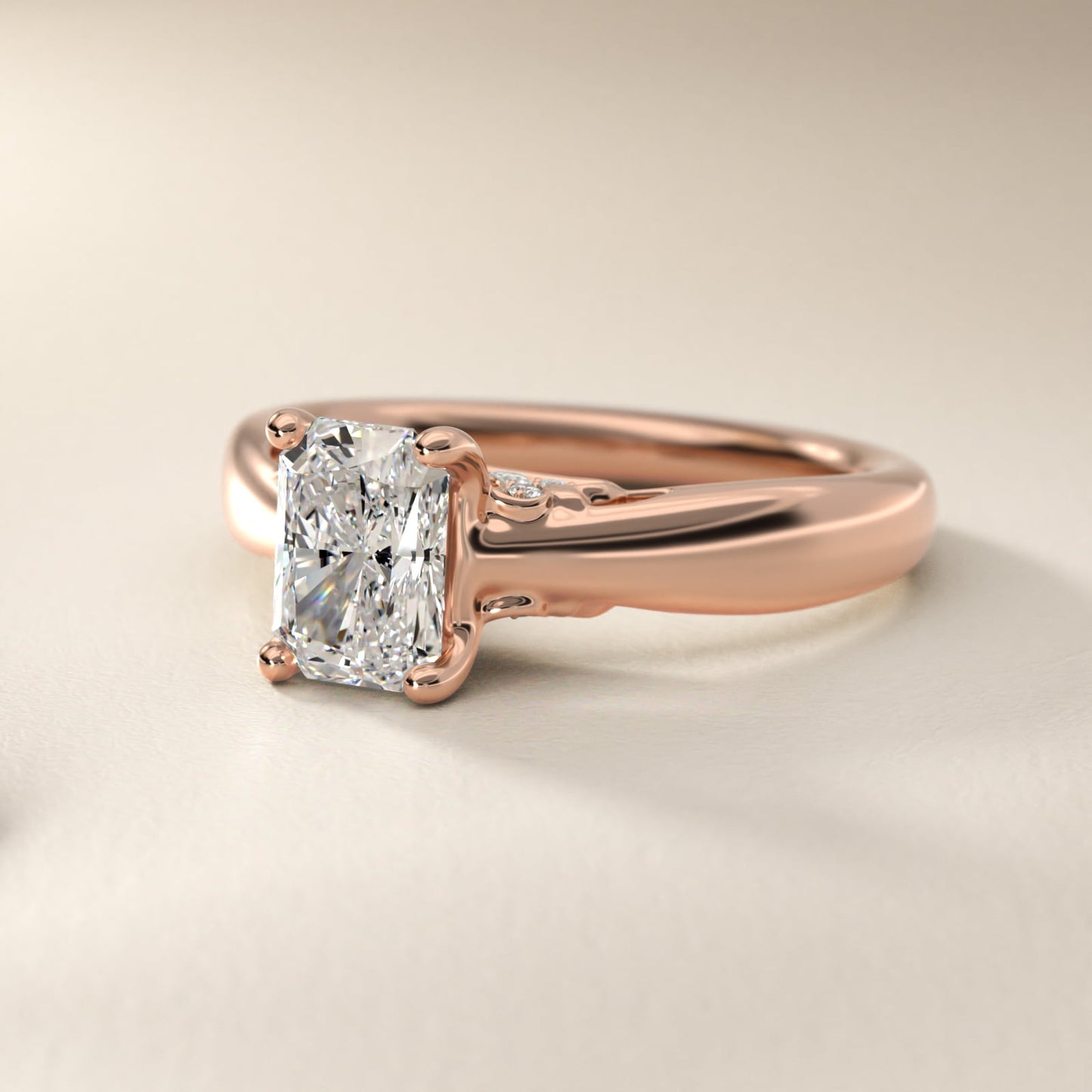 Wide Band Solitaire Plus Diamond Engagement Ring in 14k Rose Gold - Radiant Center