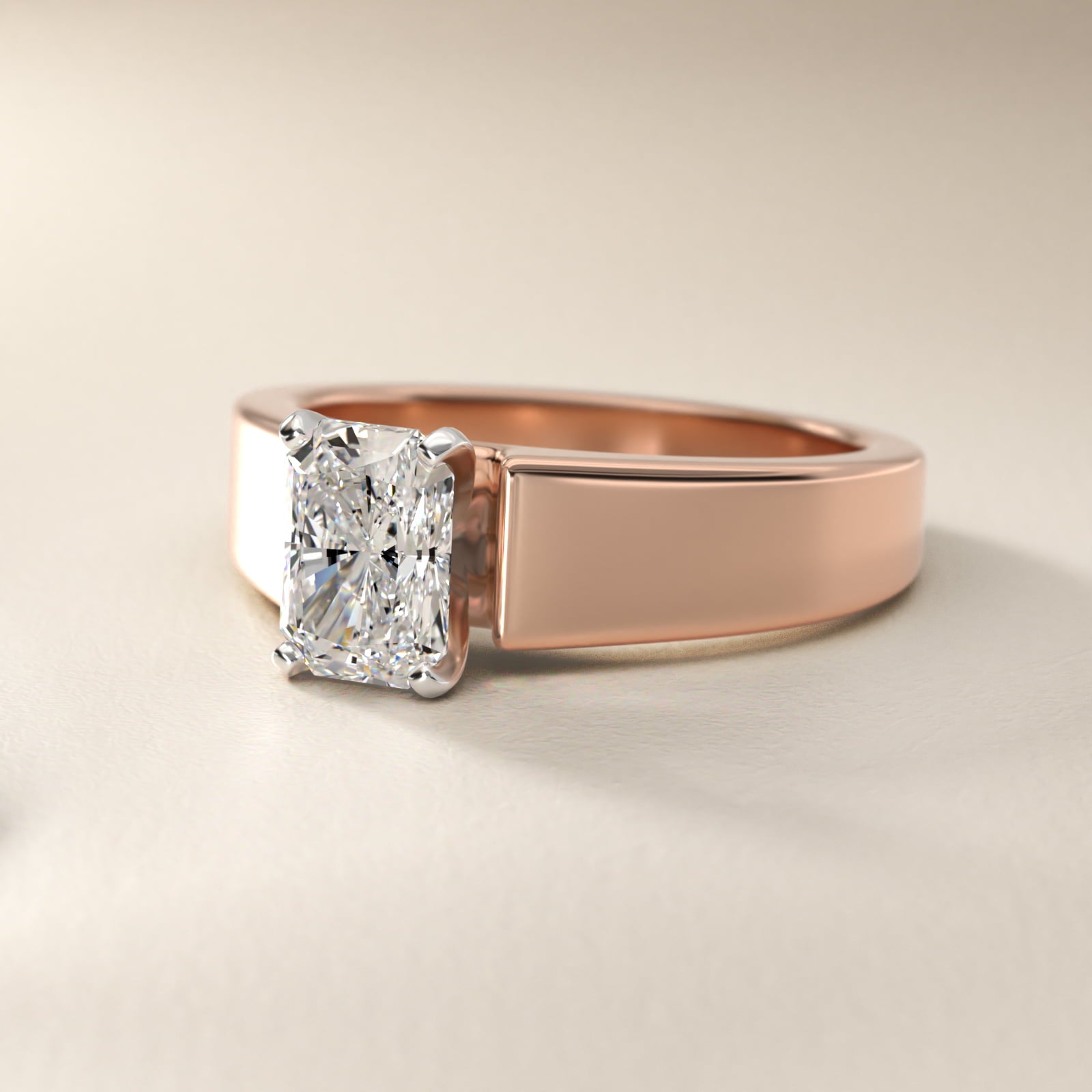 Wide Band Solitaire Engagement Ring in 14k Rose Gold (5mm) - Radiant Center