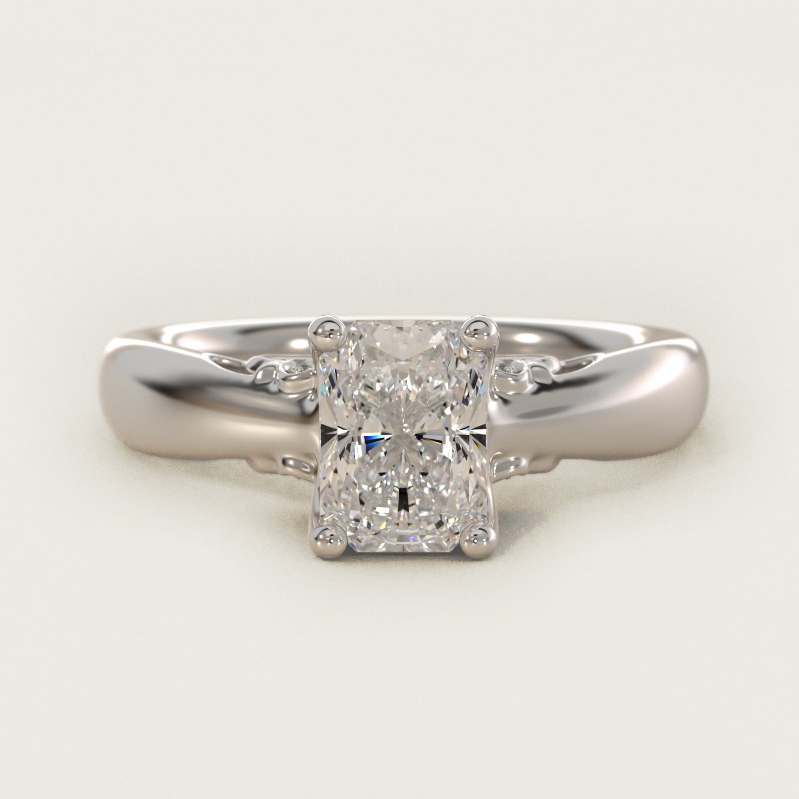 Wide Band Solitaire Plus Diamond Engagement Ring in 18k White Gold - Radiant Center
