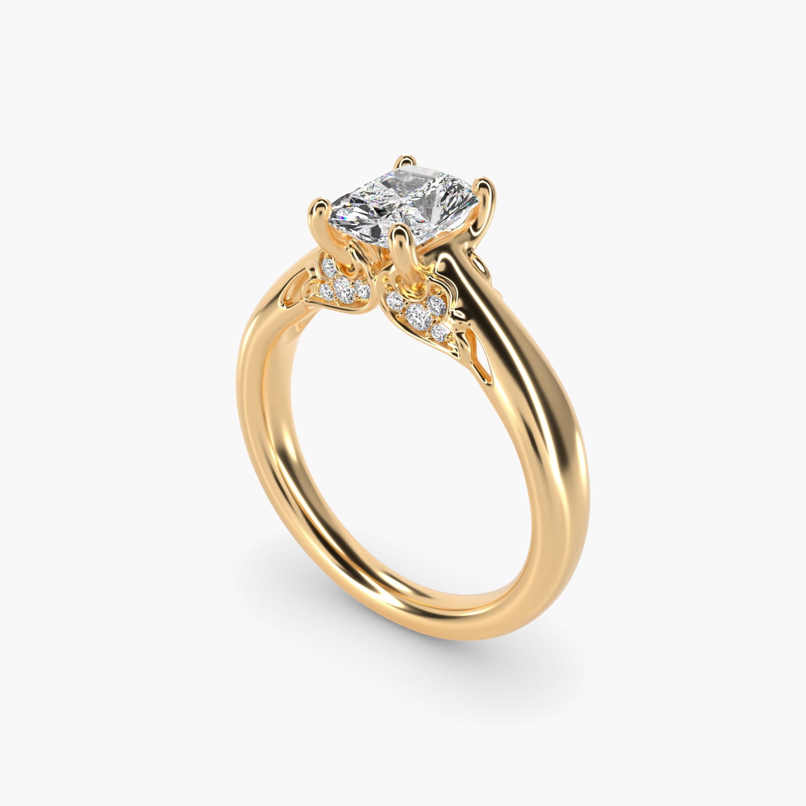 Wide Band Solitaire Plus Diamond Engagement Ring in 14k Yellow Gold - Radiant Center
