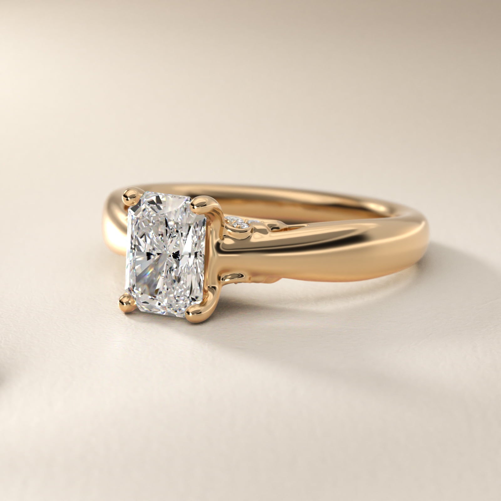 Wide Band Solitaire Plus Diamond Engagement Ring in 14k Yellow Gold - Radiant Center