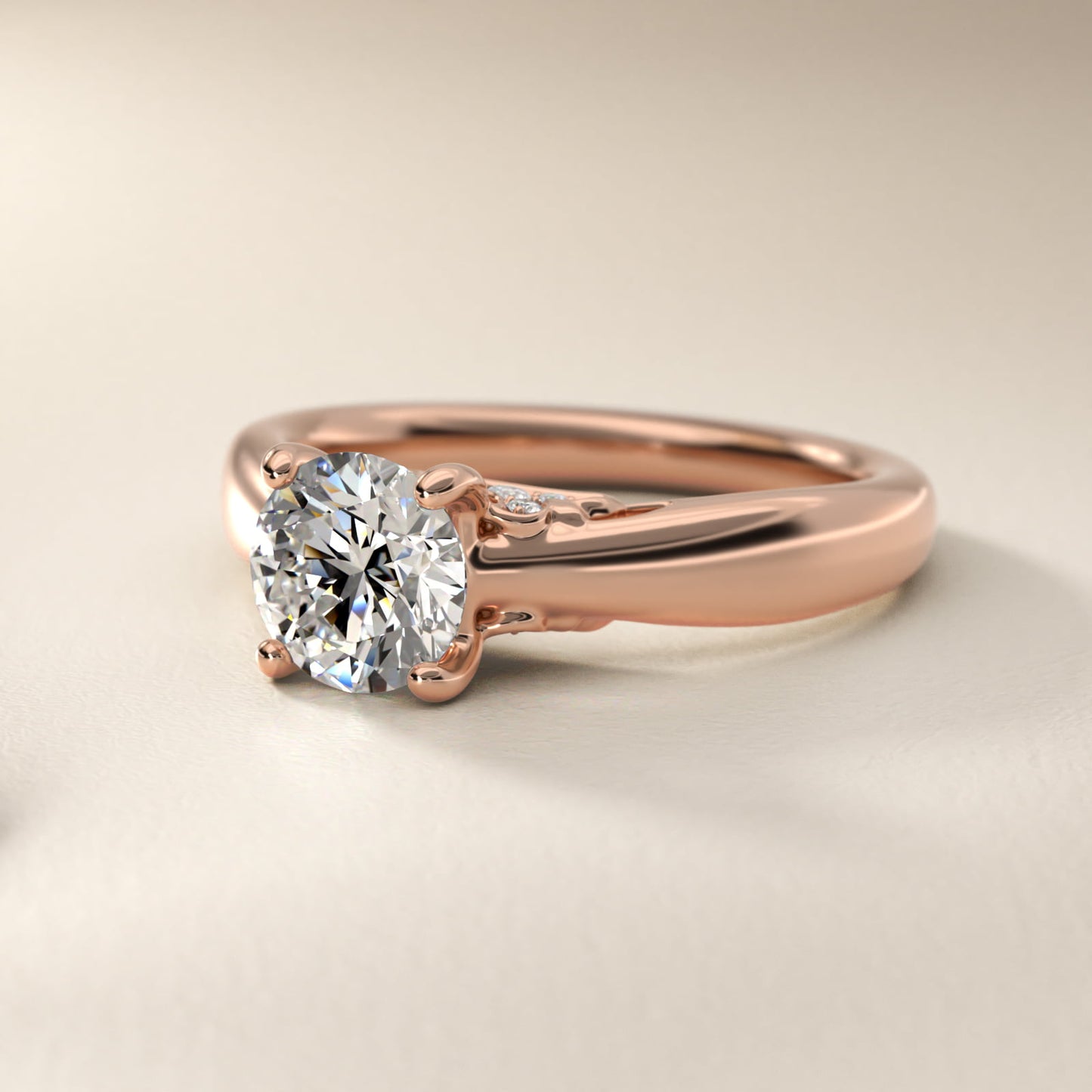 Wide Band Solitaire Plus Diamond Engagement Ring in 18k Rose Gold - Round Center