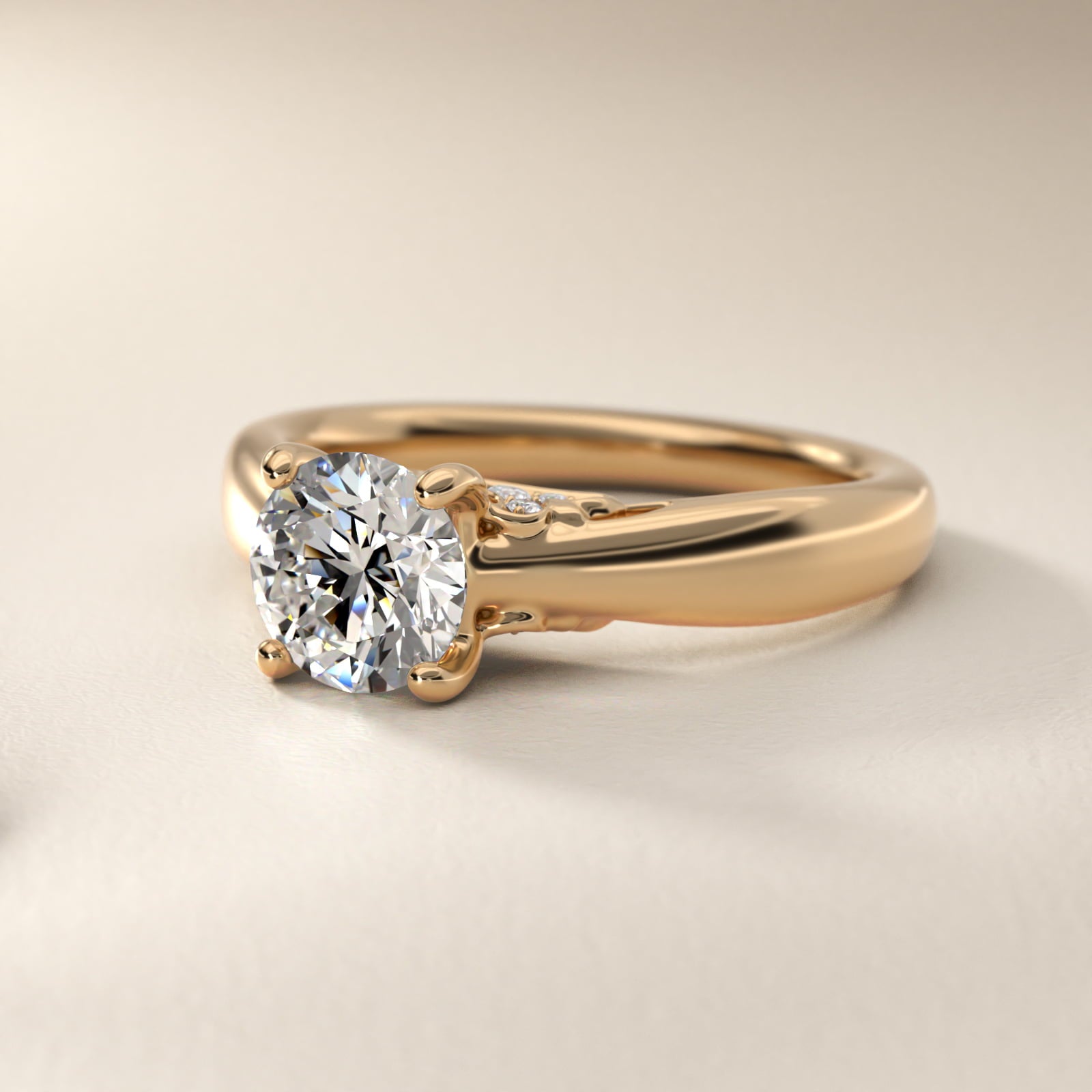 Wide Band Solitaire Plus Diamond Engagement Ring in 14k Yellow Gold - Round Center