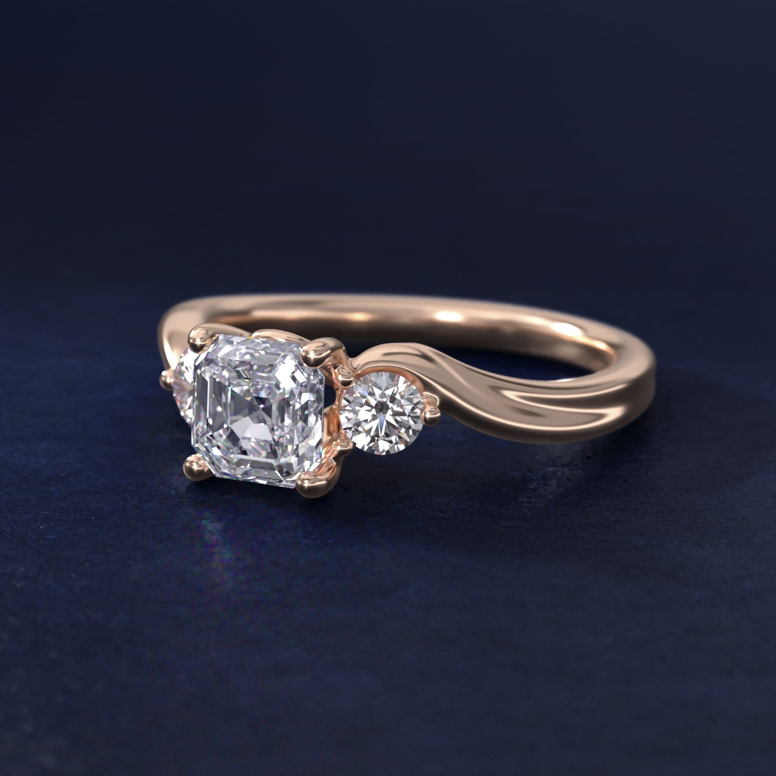 Wrapped Shank Three Stone Diamond Engagement Ring in 18k Rose Gold - Asscher Center