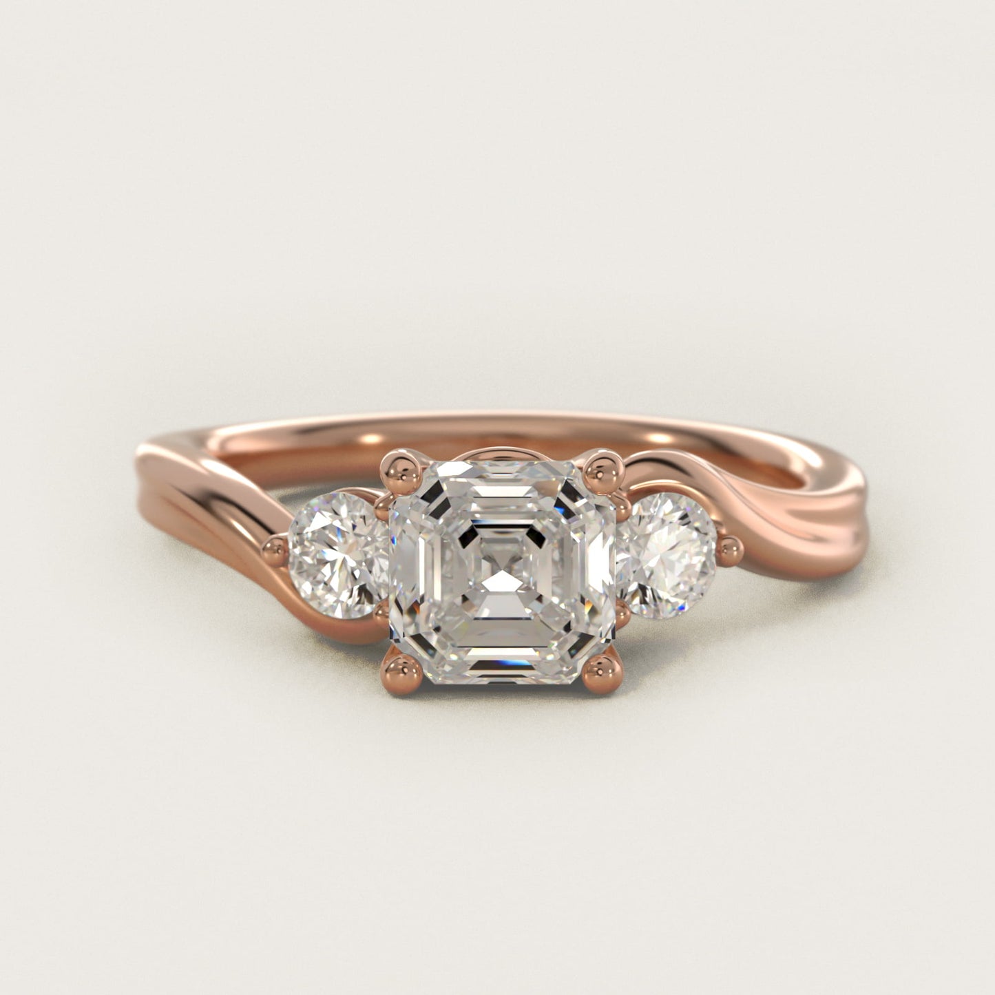 Wrapped Shank Three Stone Diamond Engagement Ring in 14k Rose Gold - Asscher Center
