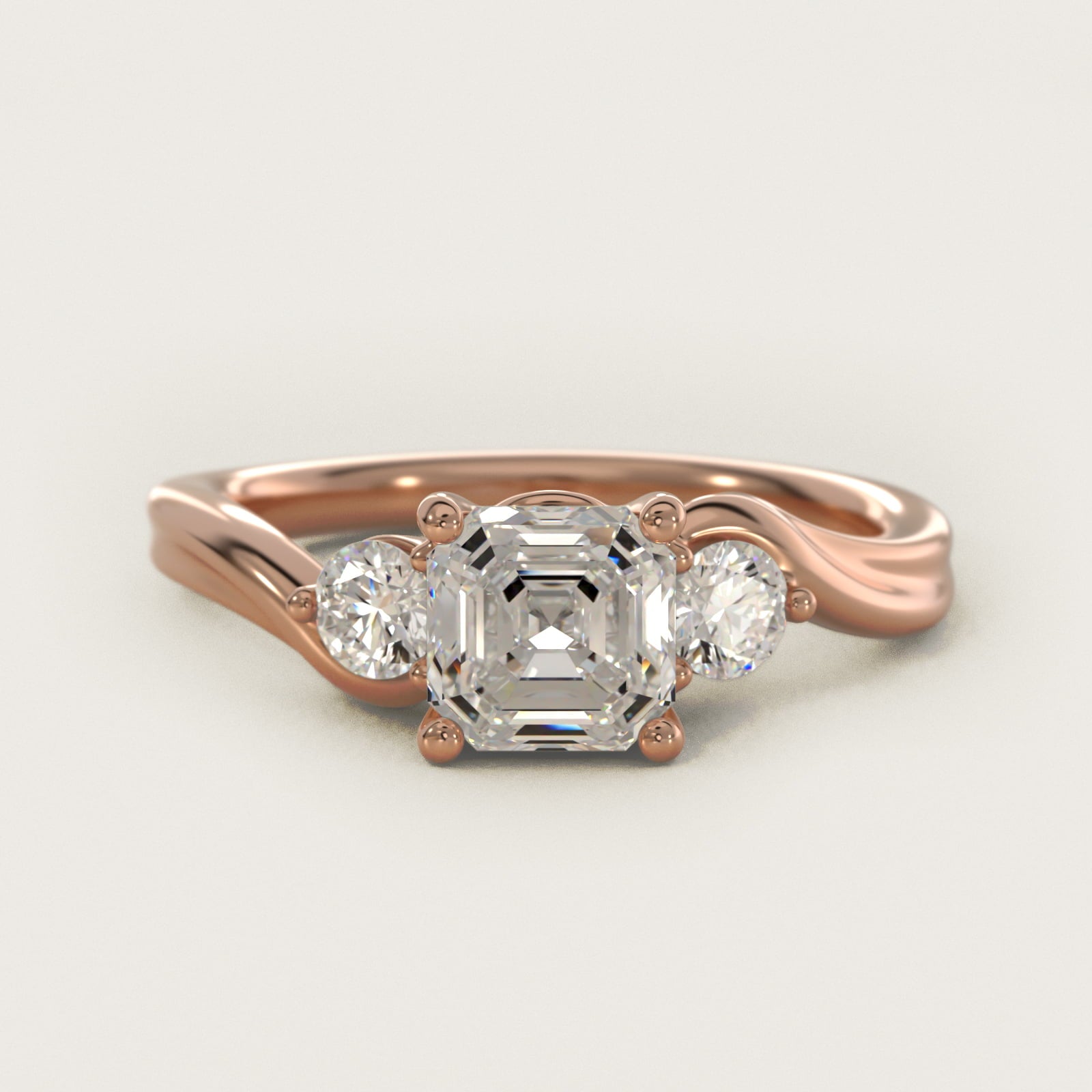 Wrapped Shank Three Stone Diamond Engagement Ring in 14k Rose Gold - Asscher Center