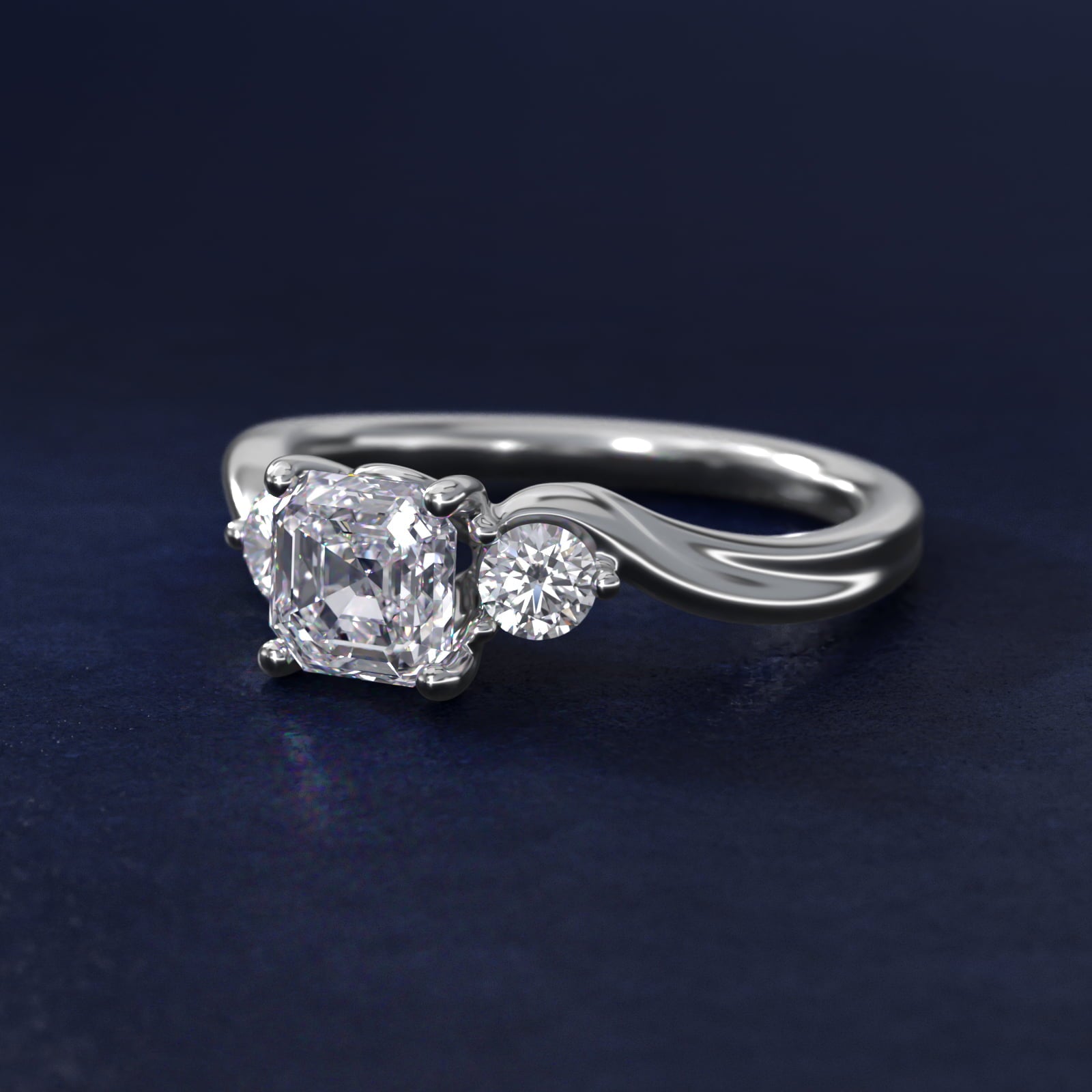 Wrapped Shank Three Stone Diamond Engagement Ring in 18k White Gold - Asscher Center