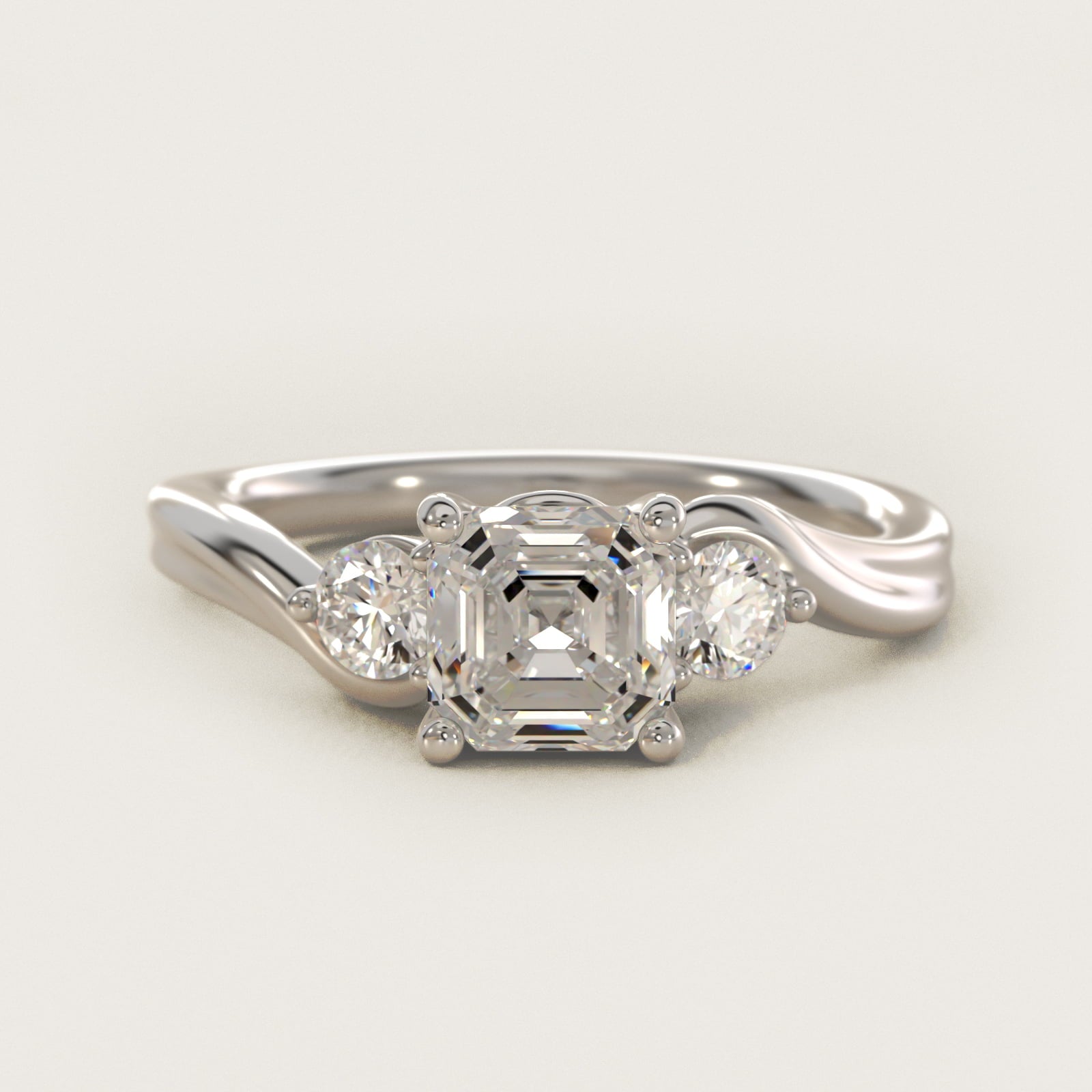 Wrapped Shank Three Stone Diamond Engagement Ring in 18k White Gold - Asscher Center