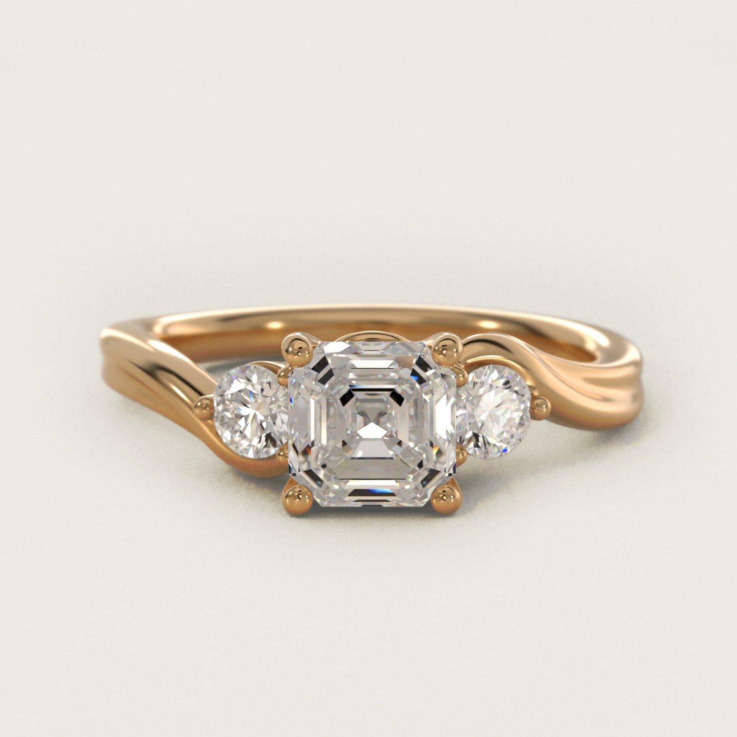 Wrapped Shank Three Stone Diamond Engagement Ring in 18k Yellow Gold - Asscher Center
