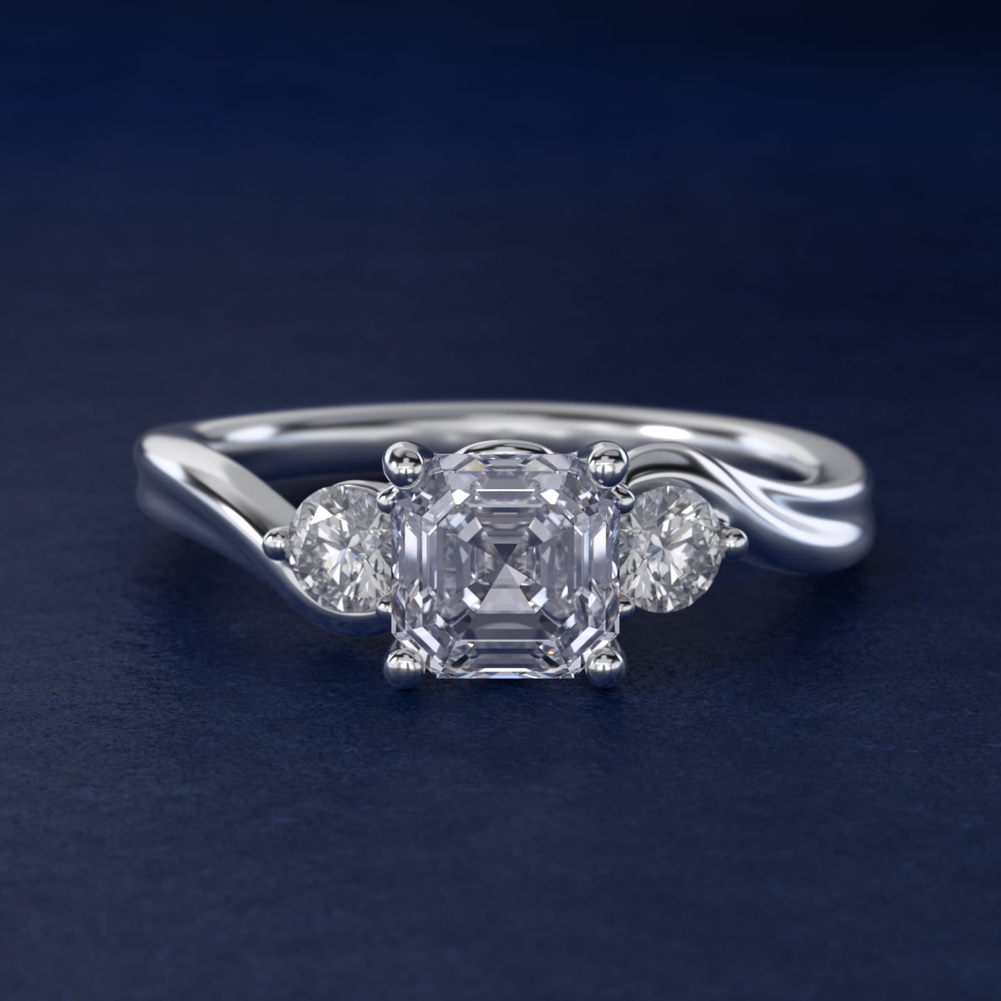 Wrapped Shank Three Stone Diamond Engagement Ring in Platinum - Asscher Center
