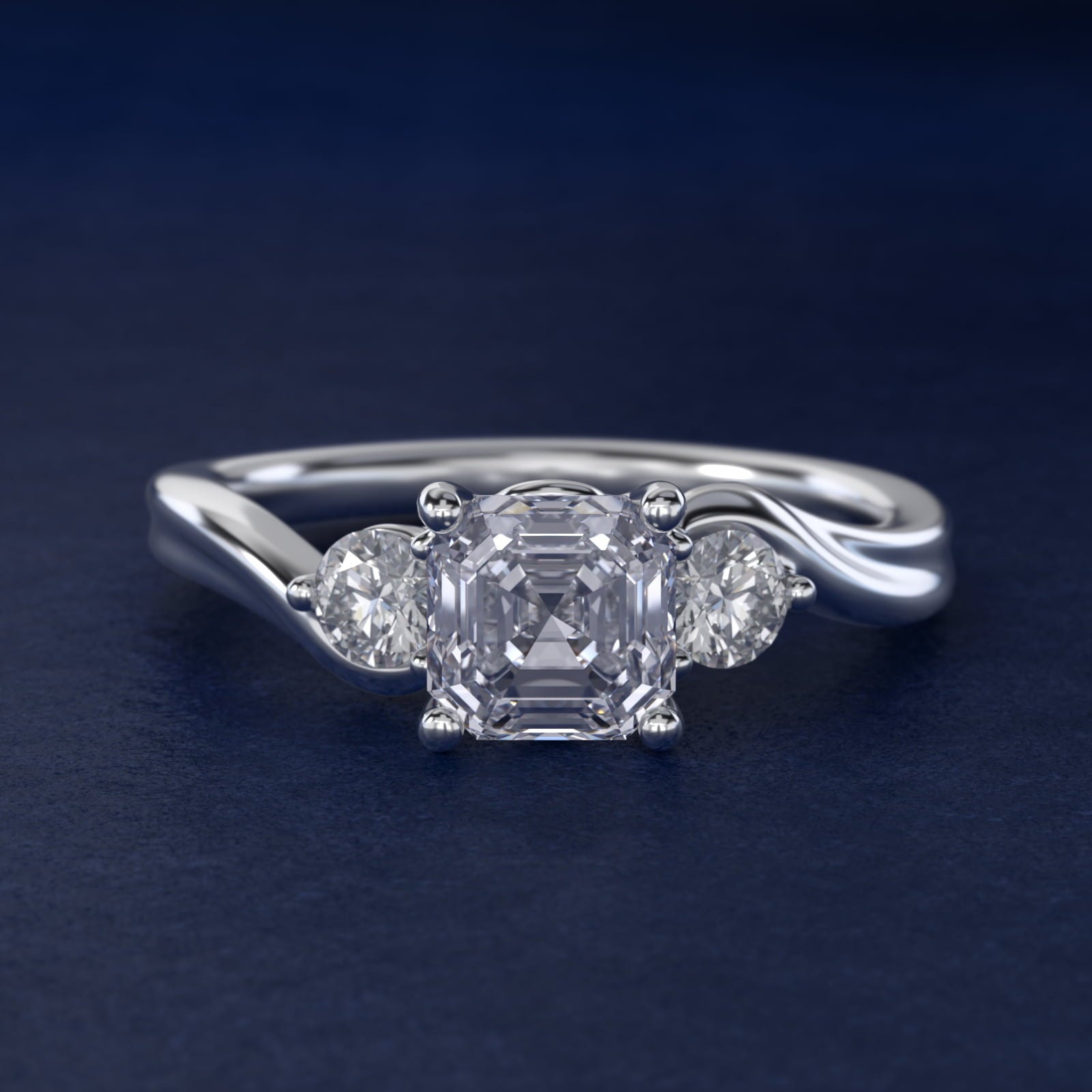 Wrapped Shank Three Stone Diamond Engagement Ring in Platinum - Asscher Center