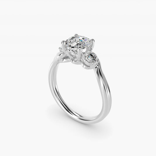 Wrapped Shank Three Stone Diamond Engagement Ring in 14k White Gold - Cushion Center