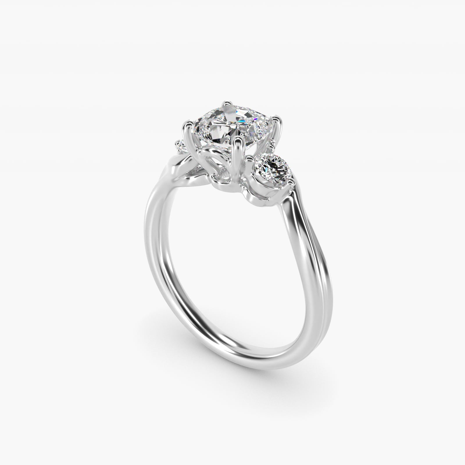 Wrapped Shank Three Stone Diamond Engagement Ring in 18k White Gold - Cushion Center